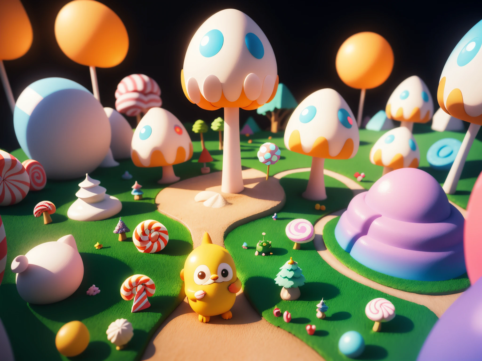 (cute world of candy, full size 3d candyland), highly detailed, super cute, superb lighting, volumetrics, by Jon Klassen, Ghibli Studio style, Tilt - shift, 80mm lens, unreal engine, Large aperture, 3d, blender, masterpiece, super detail, best quality, --v6
