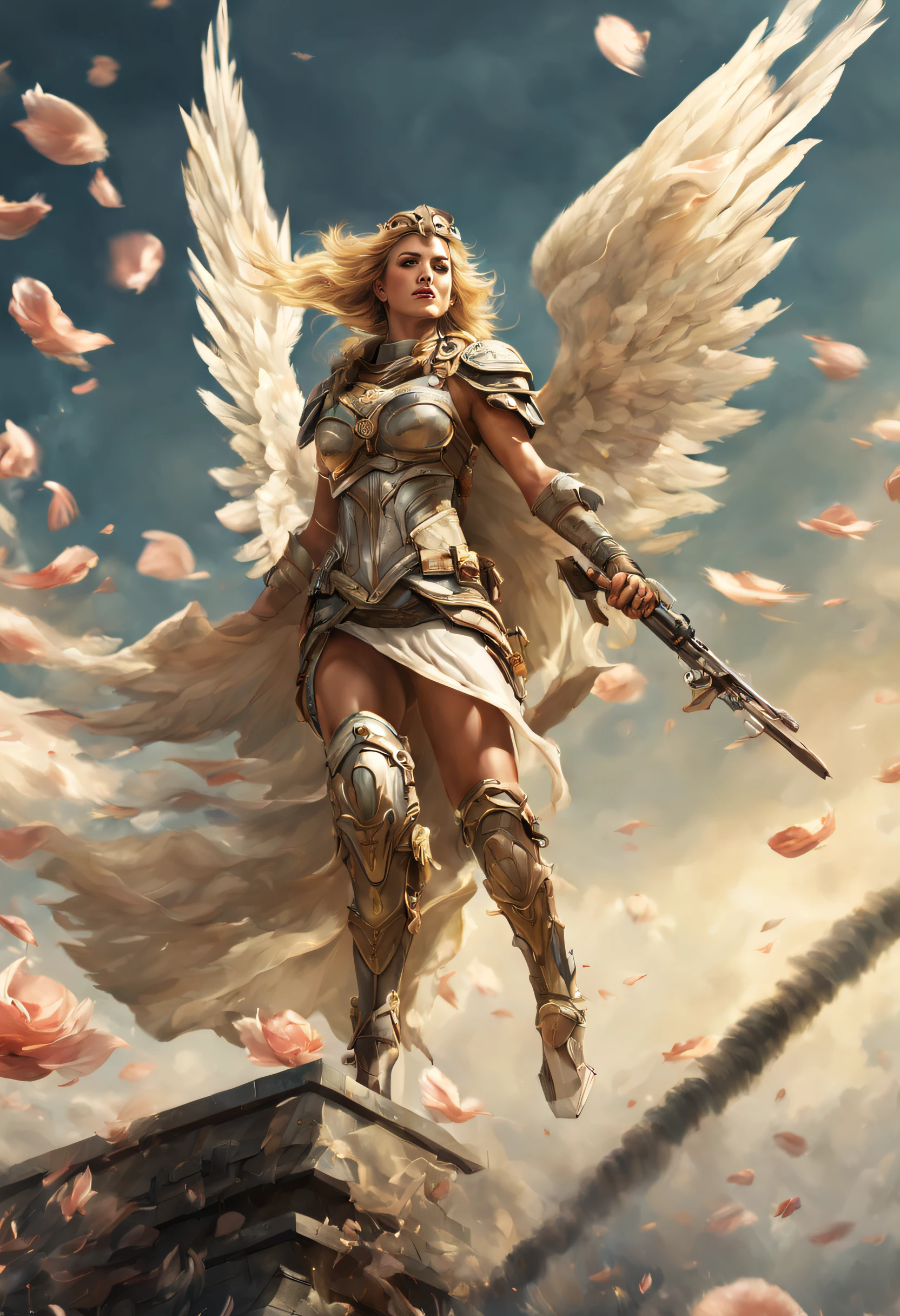 Wide angle, full length, A (Valkyrie is amazingly beautiful) arms holding a sleeping male soldier in modern war equipment, flying to Valhalla, after (glorious battle, epic), excellent, awe, Beautiful, very detailed, well painted facial features, best quality, sacred, prismatic similar colors, dynamic composition, exquisite, movie lighting, sublimation, eye-catching scenes, the image is clear and sharp, surreal, (petals in the air)