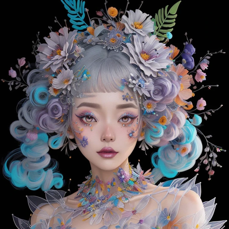 ((masutepiece)), (Best Quality), Official art, extremely details CG, Unity 8k壁纸, ultra-detailliert, 
Fashion_girl,  Colorful hair,  Jewelry,  flower,  Bold makeup, Silver Theme,  deepshadow,  The dim,  Shade, 
Portrait, (Upper body:1.5),