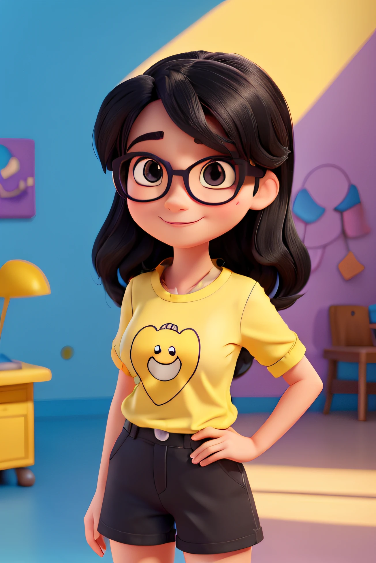 yellow cute cartoon shirt, bigger breast,