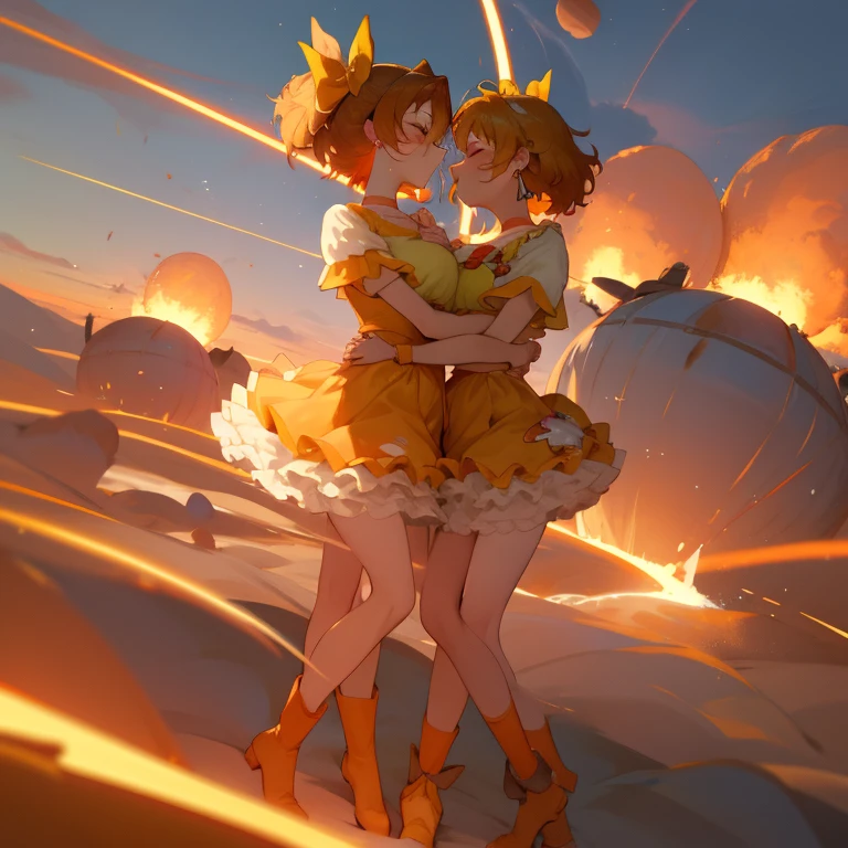 precure, one side up, short hair, hair ribbon, frills, short sleeves, wrist cuffs, orange choker, orange boots, yellow skirt, multiple girls, 6+girls, perfect anatomy, masterpiece, best quality, highres, big breast, :o, screaming, outdoor, scenery, closed eyes, tottering, falling, torn clothes, exposed (white underwear:1.2), headback, air raid, aerial bombardment