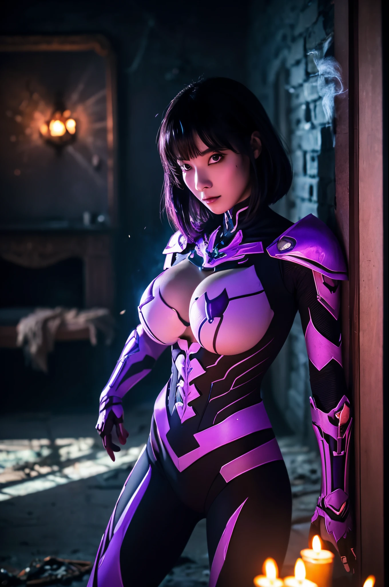 8K、There's a female skeleton wearing tattered armor in a dimly lit room.。(​masterpiece)Carry a sword and a shield、emits purple smoke from its body(purple glowing effects)make a scary face、devil's skeleton(exact details of the skeleton)A space full of madness,Many candles are lit on the wall(Fire effect)There is a broken fireplace in a dimly lit room.,超A high resolution、super precision、A hyper-realistic,very large ,