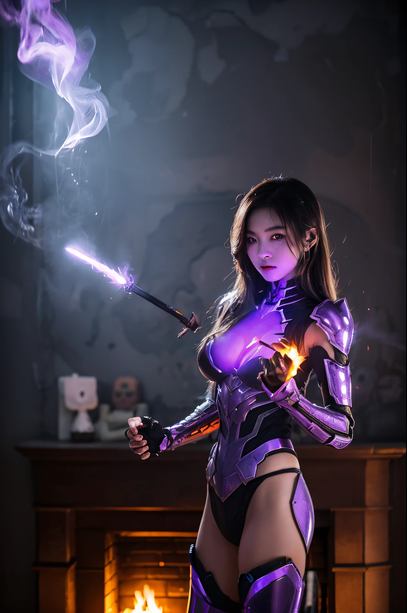 8K、There&#39;s a female skeleton wearing tattered armor in a dimly lit room.。(​masterpiece)Carry a sword and a shield、emits purple smoke from its body(purple glowing effects)make a scary face、devil&#39;s skeleton(exact details of the skeleton)A space full of madness,Many candles are lit on the wall(Fire effect)There is a broken fireplace in a dimly lit room.,超A high resolution、super precision、A hyper-realistic,very large breast,