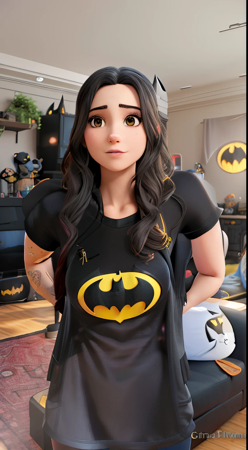 arafed woman in a batman shirt standing in a living room, anigirl batman, batman t shirt, inspired by Zack Snyder, batgirl, ryan renolds as batman, wearing black tshirt, wearing hero costume, wearing a black t-shirt, christina kritkou, batwoman, wearing a black tshirt, amouranth as a super villain