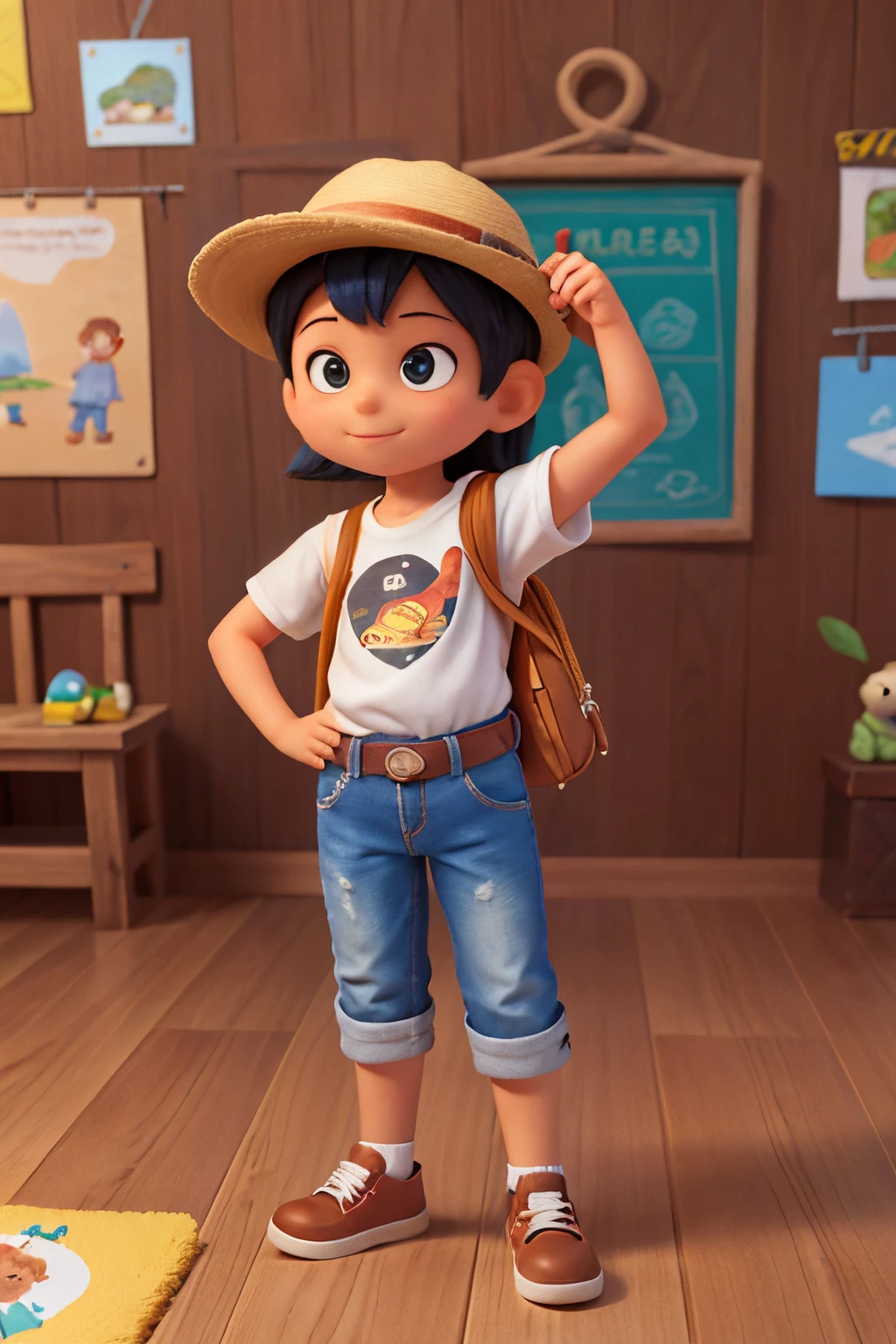 Um garotinho explorador, various poses, sobre fundo branco, children's book illustration style, simples, fofo, 6 anos, cores, cabelo preto, cor lisa, camisa branca de manga curta, short jeans sem cinto, with hat, com mochila escolar.