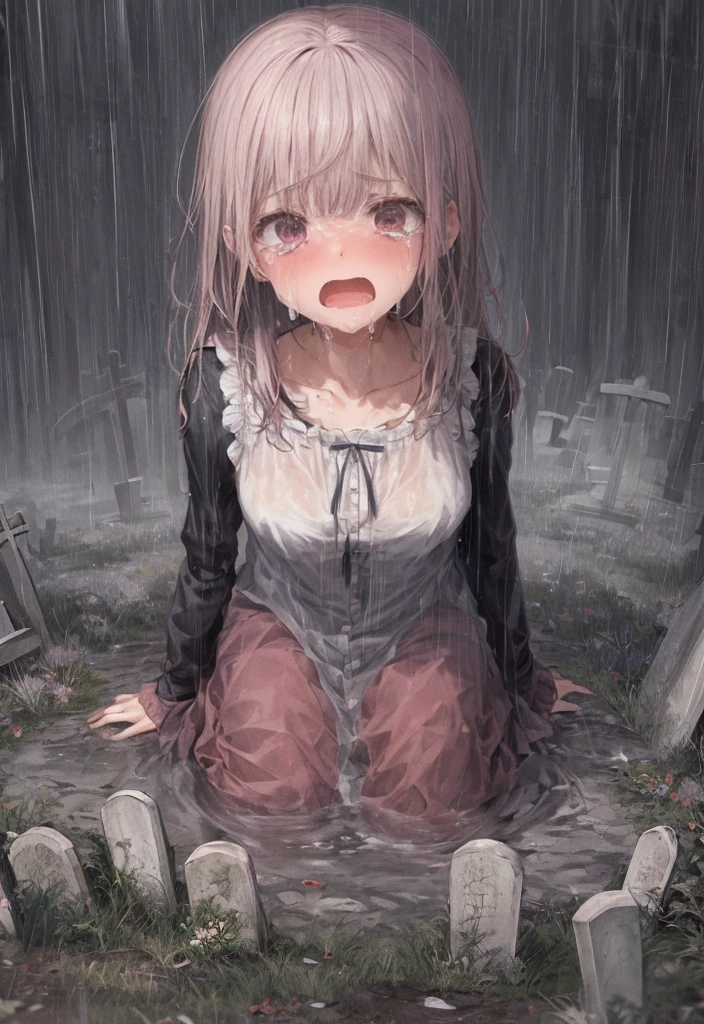 1 girl, face focus, wail, tearful face, graveyard, rainy day