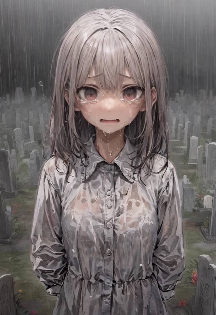 1 girl, face focus, wail, tearful face, graveyard, rainy day