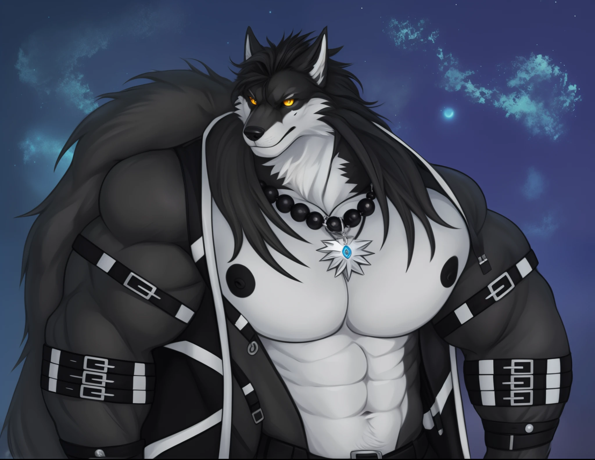 upload on e621, Masterpiece, best quality, ultra high res, 4K, 8k HD, 2D, perfect anatomy, digital art, official art, extreme detailed, ultra detailed, strapsanime, color, soft shading, sharp focus, forest woods background, powered up silver thunder aura both arms, 1boy, dark black body fur, silver belly, detailed fluffy fur, ultra detailed face, detailed eyes, detailed iris eyes, detailed yellow eyes, white sclera, black pupils, navel, abs, bare pectoral, black claw nails, furry wolf male, mature male, dark black huge bulky muscular body fur, canid, huge muscles, huge pecs, huge biceps, canine, canis, mammal, powerful wolf god, wolf male, fierce face, serious expression, badass, wolf anthro, solo, looking at viewer, standing, wearing full complete sleeveless long black and silver coat/jacket, black and silver full complete sleeveless long coat/jacket, shirtless, dark black longest hair, dark black longest back fur hair, dark black longest hair fur front lay on pecs, hair color match his fur color, perfect fingers, dark black hands and fingers, wearing fingerless black gloves, black gloves, one black armbands on biceps, three black armbands on forearms, one silver moon, large black prayer beads necklace with silver moon teardrop pendant attached to prayer beads necklace rest on his tuft pecs, dark black and silver underside long tail, black long pants with silver designs with belt straps on leg