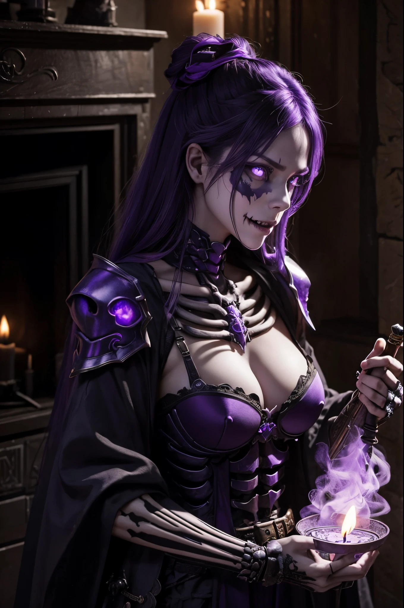8K、There's a female skeleton wearing tattered armor in a dimly lit room.。(masterpiece)Carry a sword and a shield、emits purple smoke from its body(purple glowing effects)make a scary face、devil's skeleton(exact details of the skeleton)A space full of madness,Many candles are lit on the wall(Fire effect)There is a broken fireplace in a dimly lit room.,超A high resolution、super precision、A hyper-realistic、very large breast,
