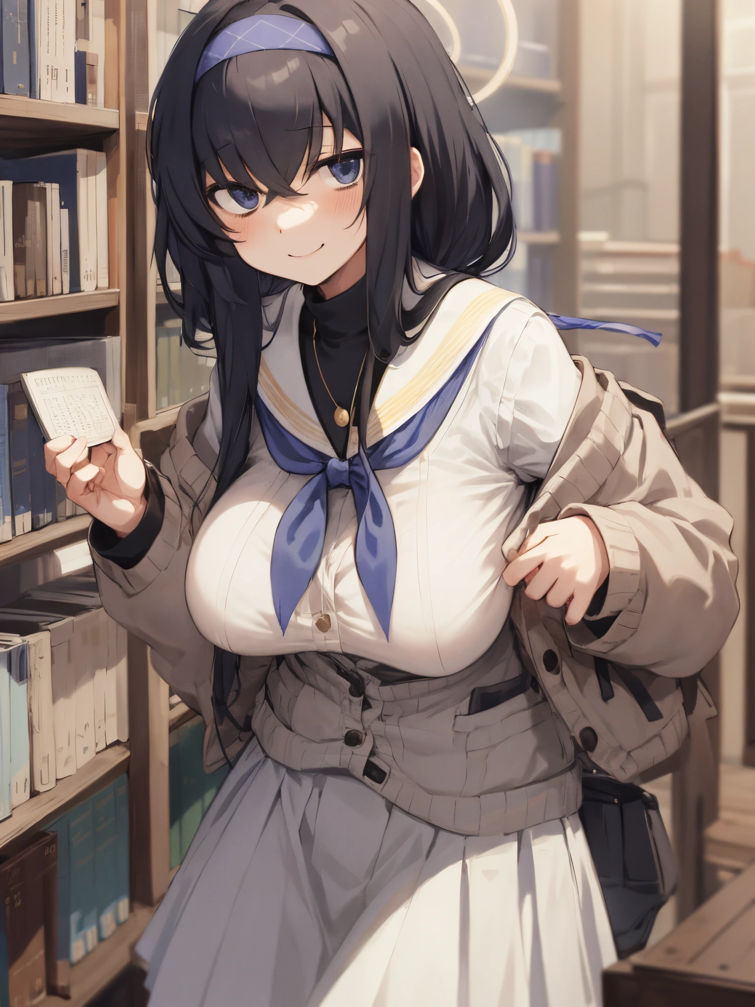 uidef, upper body, smile, looking at viewer, moody lighting, facing viewer,jitome,expressionless, indoor, library, bookshelf,sanpaku,huge breast