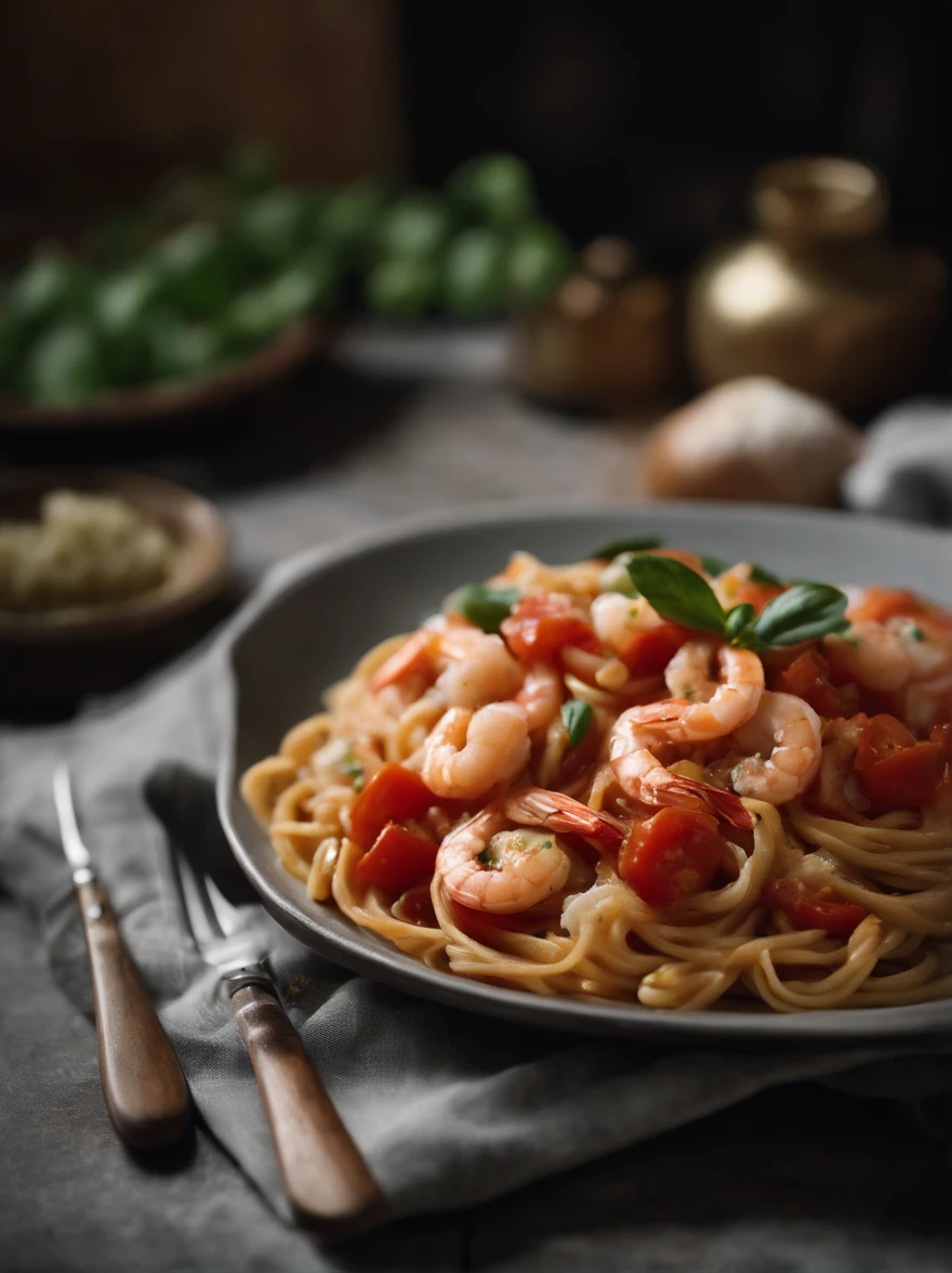 A plate of delicious tomato shrimp pasta, leica noctulux 50mm, ultra detailed photography, commercial photos, lens bokeh