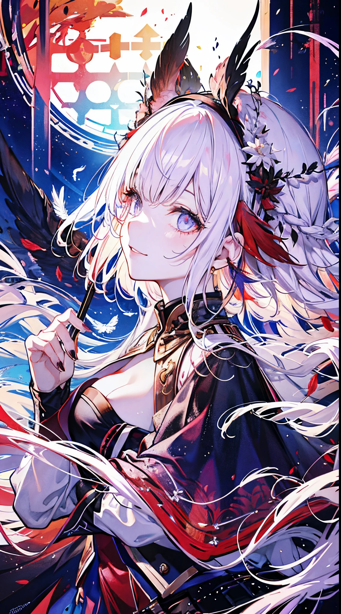 ((tmasterpiece:1.4,Best quality))+,(hyper-detailing)+,(Ultra-detailed eyes)+,(winged ears:1.5),
(cute girls),ar old,(Crimson pupils:1.15),Long dark blond hair,long braid,Bushy hair(wariza:1.2),pale-skinned,seduct smile,red rhombus crystal,red bird feathers,vacant eyes,Blood-red lips
(She wore a conservative red and yellow bird feather coat,Black pattern,:1.5),(Starry Sky Cloak:1.4)The sleeves are extra-long,Red bird feather headdress,The flame burns the hair,baiyun,A sea of red leaves and vines,Dream bubbles,black fingernails,Silver crown,red apple,Purple grapes,Red Lotus,leather clothes,Black handguards,red-skinny pants
(bird feathers:1.1),
(dawn light:1.2),
(Thick black and white:1.16),(depth of fields:1.4),Complicated details,color mixing,Detailed route,Excellent,super detailing,The content is very detailed,(hight contrast:1.11),ventania,Amazing cleavage,beautidful eyes,messy hair,(best illuminate,Extremely Delicately Beautiful), ((movie light lighting)), (seen from the side:1.3),8K,tmasterpiece,Best quality,cinematic Film still from,1 plump girl,floating in sky,Intertwined clouds,cloud,(Close-up cleavage:1.1),bright,cheerful,Interesting,gentlesoftlighting,(bauhause,shape,line engineering,Abstract:1.1)offcial art, Unity 8k壁纸, ultra - detailed, Beautiful and beautiful, tmasterpiece, Best quality, (dynamic angle:1.4),romantic depth of field exotic_dances,Perfect NwsjMajic,(tmasterpiece,top-quality,Best quality,offcial art,Beauty and aesthetics:1.2),The content is very detailed,rich colourful,highest details,
