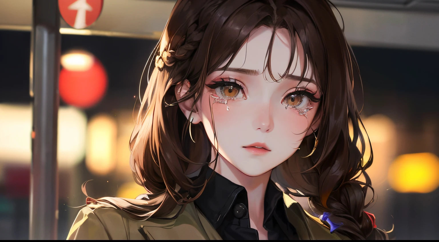 (((1人の女性)))、(Top resolution、Distinct_image) best qualtiy、(((Transparency)))、contrasts of light and shadow、Night background、(Bus stop))、((illuminating))、ighly detailed、Semi-realistic、Brown hair、((makeups)),Braided hairstyle、face that seems to cry、bangss、20yr old、年轻、((coat))、((natta))、delicated facial features、Facial features、