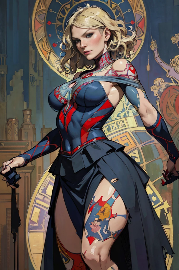 Lyndsy Fonseca、Sticking out the navel、newyork、She wears a torn Spider-Man suit,wearing skirt、abstract photorealistic、artistic、Alphonse Mucha's painting(masterpiece、top-quality、hight resolution:1.4)、detaileds、intricate-detail、4K、color splashes、line-drawing、Fibonacci、