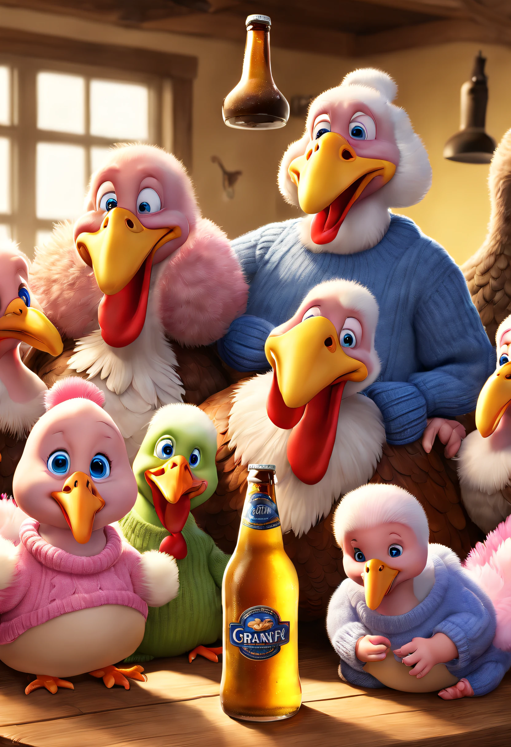 Cute big family of 6 turkeys drinking beer， Turkey grandpa and daddy in blue sweaters，grandma in yellow sweater，Mom in pink sweater，Colorful baby turkey，Foam rising from a large beer bottle，3 Rendering, Focus sharp, ultra-realistic realism, Fluffy, fantasy engine, 5 quality rendering, 3 Rendering, furry art,Brand advertising, Creative poster,Produced by Pixar，