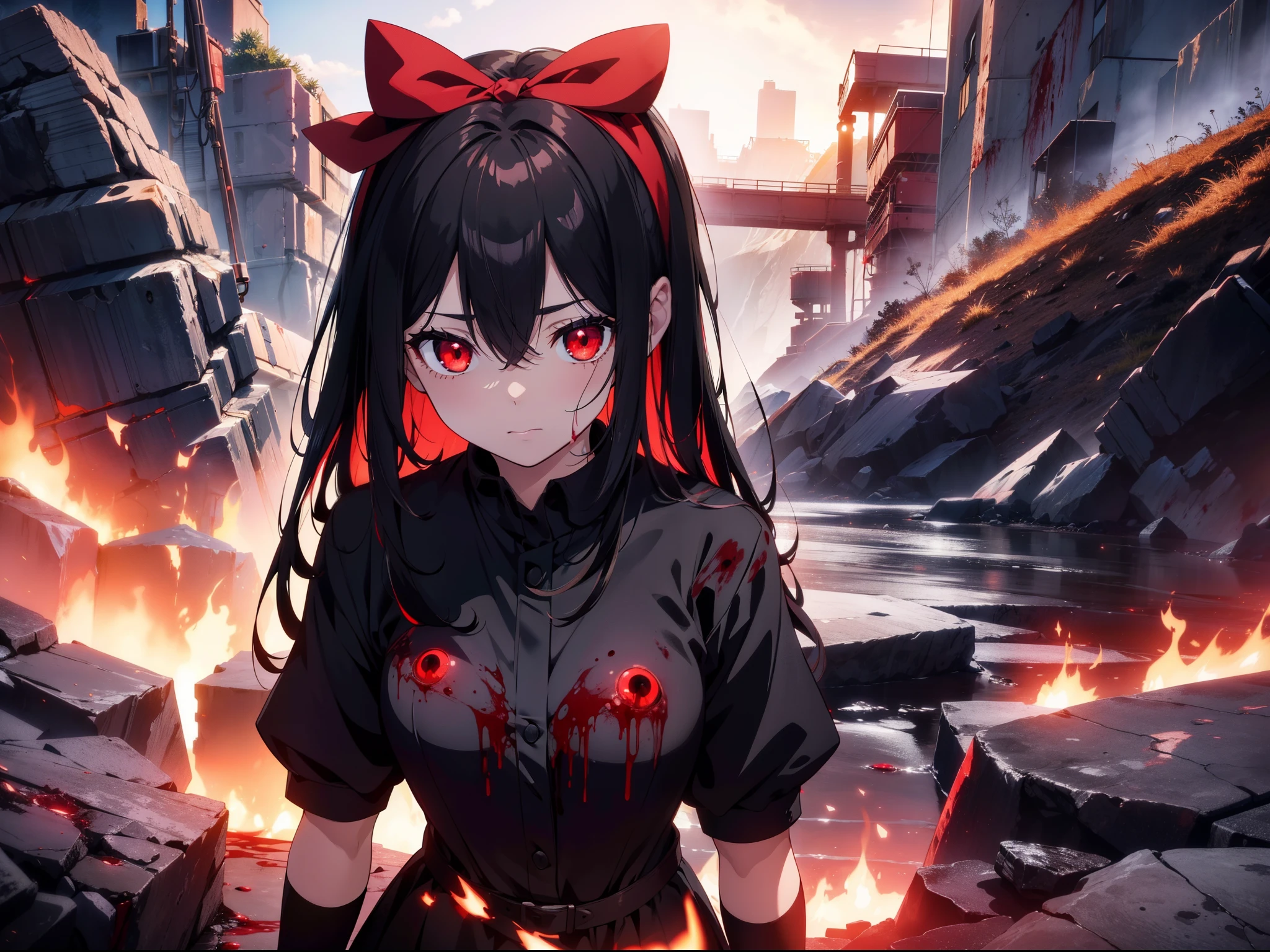 1  girl ,walking in coal mine, ((blood sea)), (character focus), close to viewer ,(red lighting), cinematic lighting, (darkness), (concept art), (rape face) ,black long straight hair, black hair, hair ribbon , red eyes,black dress, (glowing eyes), (((horror))), high resolution,(incredibly absurdres) ,extremely detailed CG unity 8k wallpaper, ((masterpiece)), ((top-quality)), (beautiful illustration), ((an extremely delicate and beautiful))