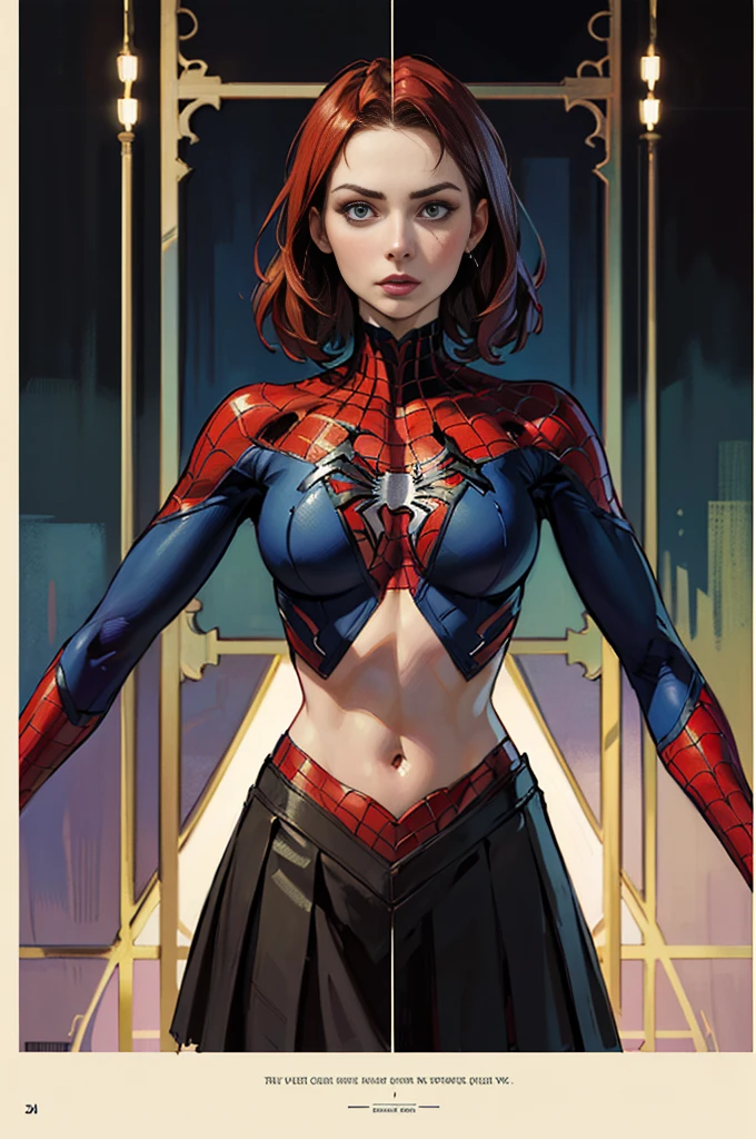 Karen Gillan、Sticking out the navel、newyork、She wears a torn Spider-Man suit,wearing skirt、abstract photorealistic、artistic、Alphonse Mucha's painting(​masterpiece、top-quality、hight resolution:1.4)、detaileds、intricate-detail、4K、color splashes、line-drawing、Fibonacci、