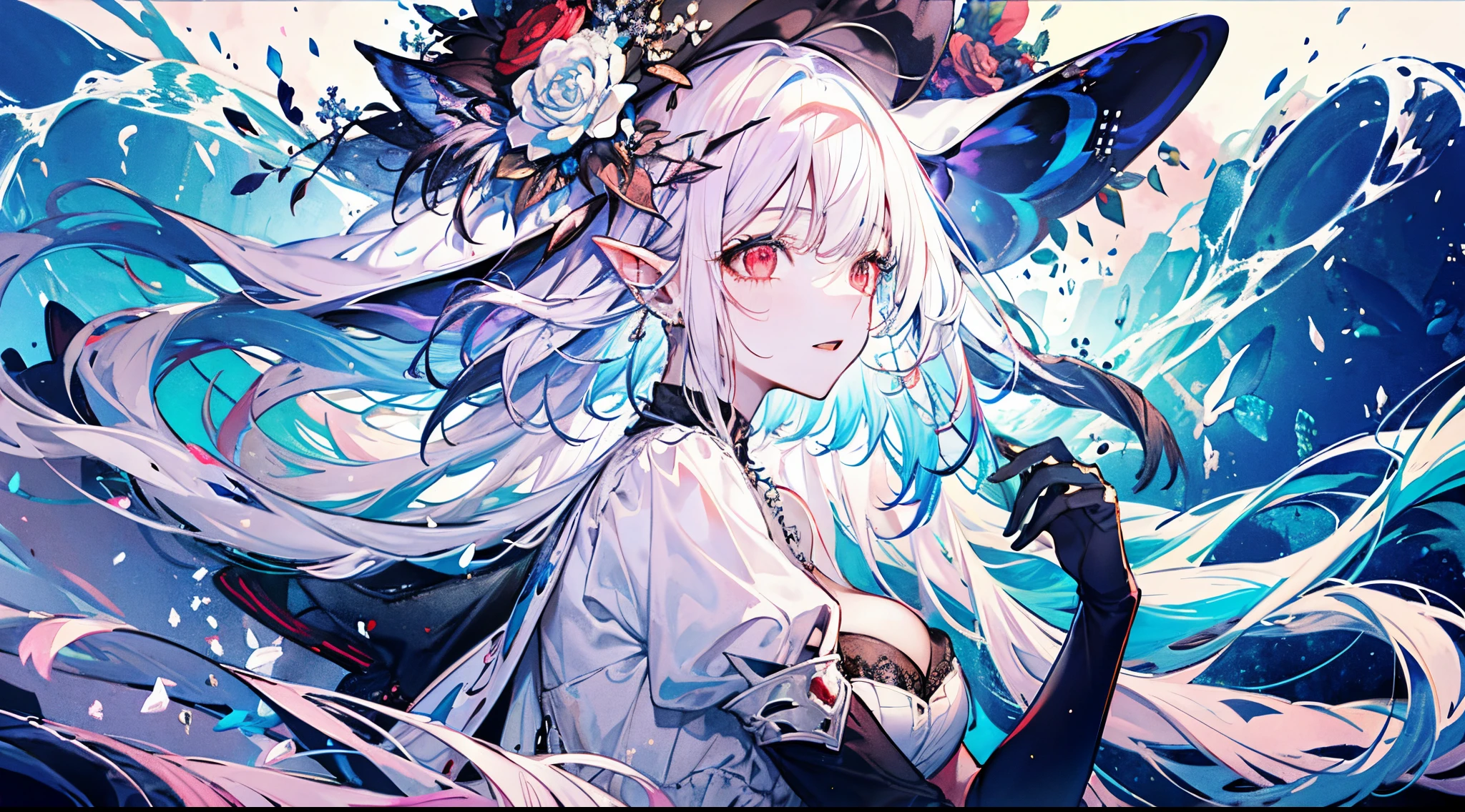 ((tmasterpiece:1.4,Best quality))+,(hyper-detailing)+,(Ultra-detailed eyes)+,(winged ears:1.5),
(cute girls),ar old,(Blood-red eyes:1.15),Long gray hair,dual horsetail,burn hair,Bushy hair,red hairband(wariza:1.2),pale-skinned,ssmile,bloods,blood stain
(She wears a conservative and classic white ritual dress,red pattern,Lots of fluff:1.5),(Black gloves:1.4)The sleeves are long,pearls necklace,Black earrings,merfolk,The corals,Menghua,gem jewelry,Ocean of fish and trees,Huge white hunter hat,Conch headdress,blue lips,fish flocks,Fishbone decoration,Place your hands behind your back,Turn your head forward,red-skinny pants
(Fishtail:1.1),
(dawn light:1.2),
(Thick black and white:1.16),(depth of fields:1.4)Complicated details,color mixing,Detailed route,Excellent,super detailing,The content is very detailed,(hight contrast:1.11),ventania,Amazing cleavage,beautidful eyes,messy hair,(best illuminate,Extremely Delicately Beautiful), ((movie light lighting)), (seen from the side:1.3),8K,tmasterpiece,Best quality,cinematic Film still from,1 plump girl,floating in sky,Intertwined clouds,cloud,(Close-up cleavage:1.1),bright,cheerful,Interesting,gentlesoftlighting,(bauhause,shape,line engineering,Abstract:1.1)offcial art, Unity 8k壁纸, ultra - detailed, Beautiful and beautiful, tmasterpiece, Best quality, (dynamic angle:1.4),romantic depth of field exotic_dances,Perfect NwsjMajic,(tmasterpiece,top-quality,Best quality,offcial art,Beauty and aesthetics:1.2),The content is very detailed,rich colourful,highest details,