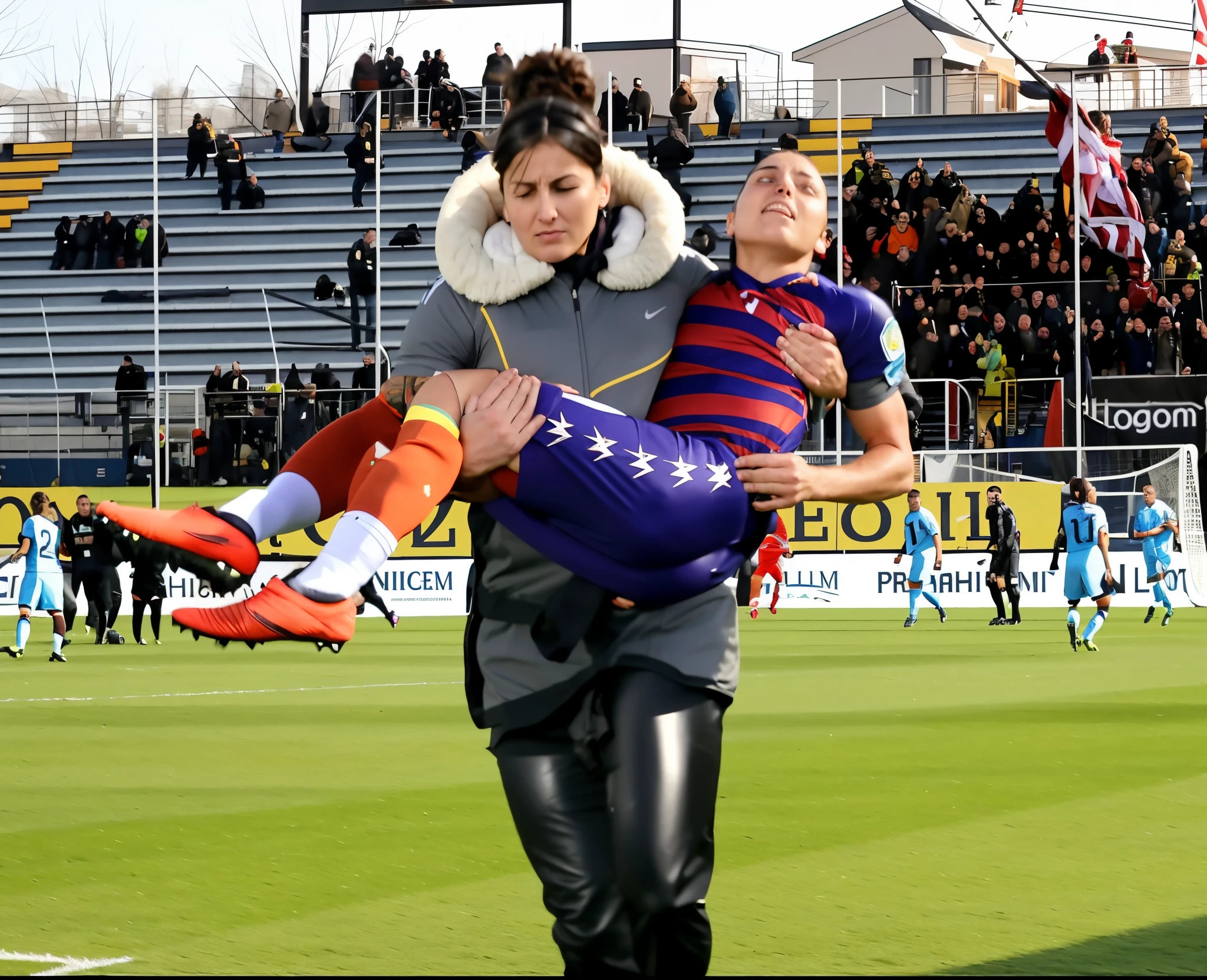 There is a wounded sportsmann in matte cotton sportswear suffering from pain and crying for help, there is an injured sportsman in matte cotton sportswear who is suffering from the pain and crying for help with an agonised face, while he is carried away by a young woman in a laquered wet plastic-coat, desperately crying young woman in a high-gloss lacquer coat, die in einem Sportstadion spazieren geht, Es gibt eine laut weinende junge Frau, holding an injured man in matte cotton sportswear in a football stadium, Da ist eine dunkelhaarige junge Frau in einem sehr nassen, shiny down coat, Da ist ein verwundeter Sportler in matter Baumwollkleidung, der in den Armen einer weinenden Frau getragen wird, soccer action pose, Bedingung Pose, lecherous action pose, Dramatische Action-Pose, Theatralische Pose, Es gibt eine attraktive Frau, who carries a thin man, There is a beautiful woman in a shiny coat, who carries a blond man in her arms, a longhaired beautiful woman in a high-shine black puffy coat, a longhaired woman in a shiny downcoat, A woman wears a short-haired man, wearing matte cotton shorts and a matte cotton t-shirt, Ein schwacher Mann in Sportshorts aus matter Baumwolle ist bewusstlos und muss getragen werden, Ein kurzhaariger Mann mit geschlossenen Augen wird in den Armen einer langhaarigen Frau getragen, a woman looks very scared and terrified, Ein bewusstloser Mann mit geschlossenen Augen leidet sehr und hat ein sehr schmerzhaftes Gesicht, Foto, Fotoshooting, fotografiert , Unfall, Hilfe, helfen, Erste Hilfe, Mitleid