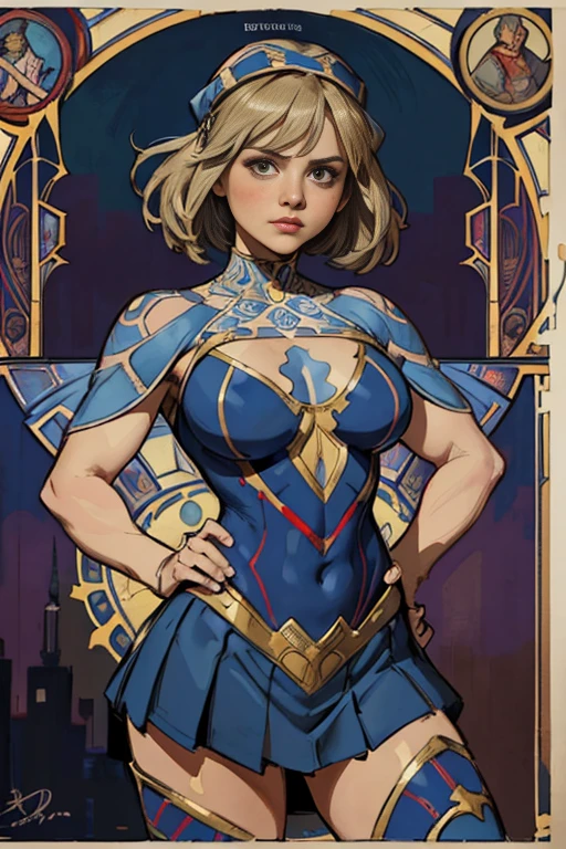 Blonde girl with short hair, blue eyes, wearing A piece of armor without a worker, armor like Wonder Woman's in blue, wearing a strappy skirt brown, wearing a tiara on her forehead, thick thighs