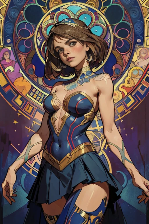 Jenna Louise Coleman、Sticking out the navel、newyork、She wears a torn Spider-Man suit,wearing skirt、abstract photorealistic、artistic、Alphonse Mucha's painting(masterpiece、top-quality、hight resolution:1.4)、detaileds、intricate-detail、4K、color splashes、line-drawing、Fibonacci、