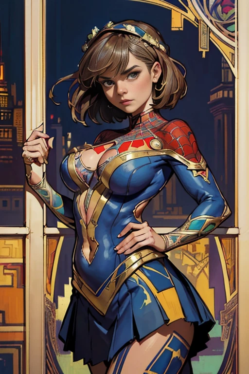 Jenna Louise Coleman、Sticking out the navel、newyork、She wears a torn Spider-Man suit,wearing skirt、abstract photorealistic、artistic、Alphonse Mucha's painting(masterpiece、top-quality、hight resolution:1.4)、detaileds、intricate-detail、4K、color splashes、line-drawing、Fibonacci、
