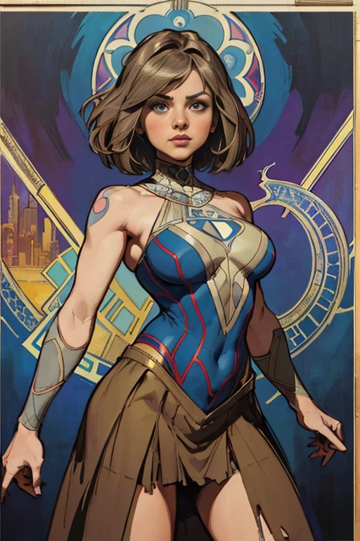 Jenna Louise Coleman、Sticking out the navel、newyork、She wears a torn Spider-Man suit,wearing skirt、abstract photorealistic、artistic、Alphonse Mucha's painting(masterpiece、top-quality、hight resolution:1.4)、detaileds、intricate-detail、4K、color splashes、line-drawing、Fibonacci、