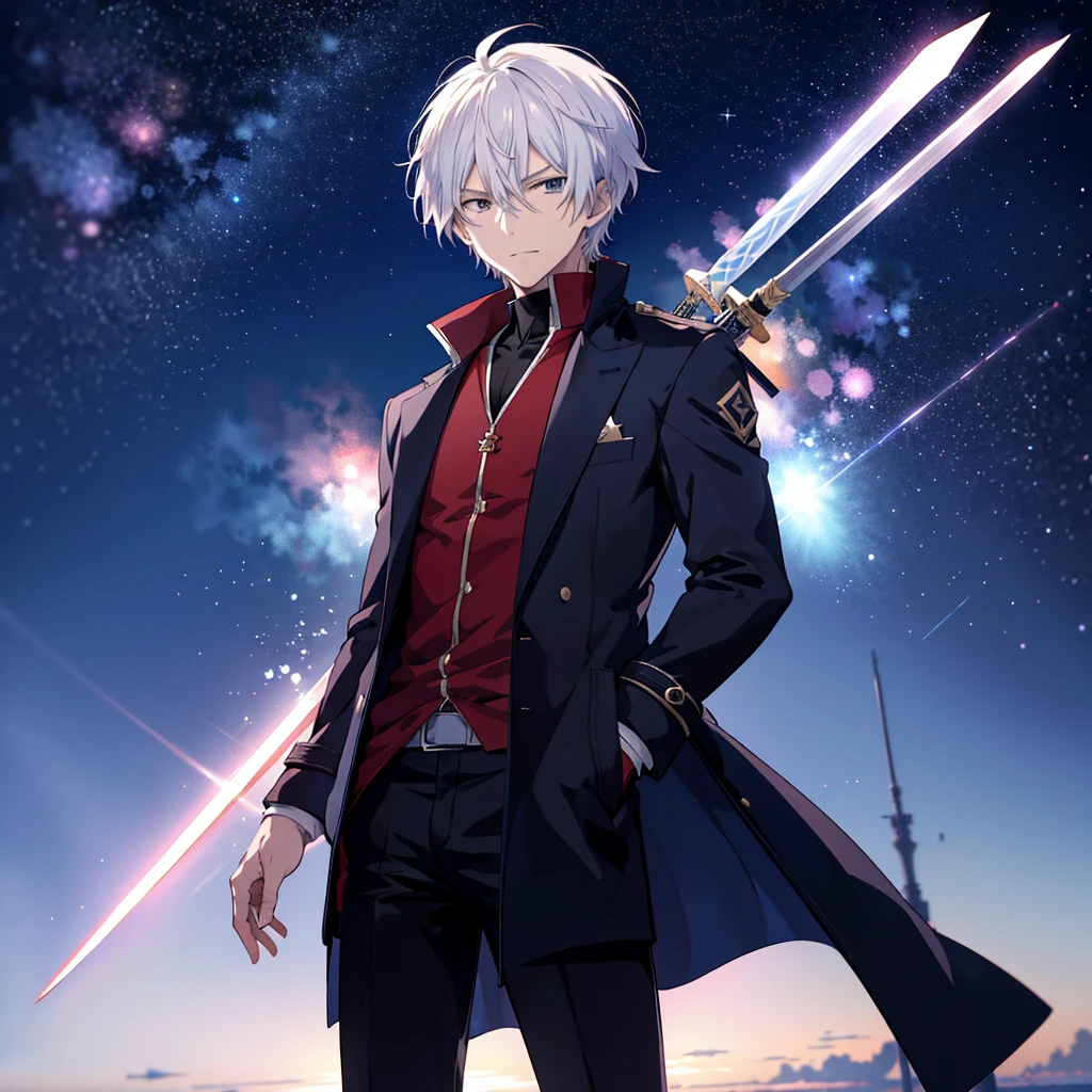 Anime-style image,Man in coat holding star sword, Anime 8 k,Based on the Star Territory