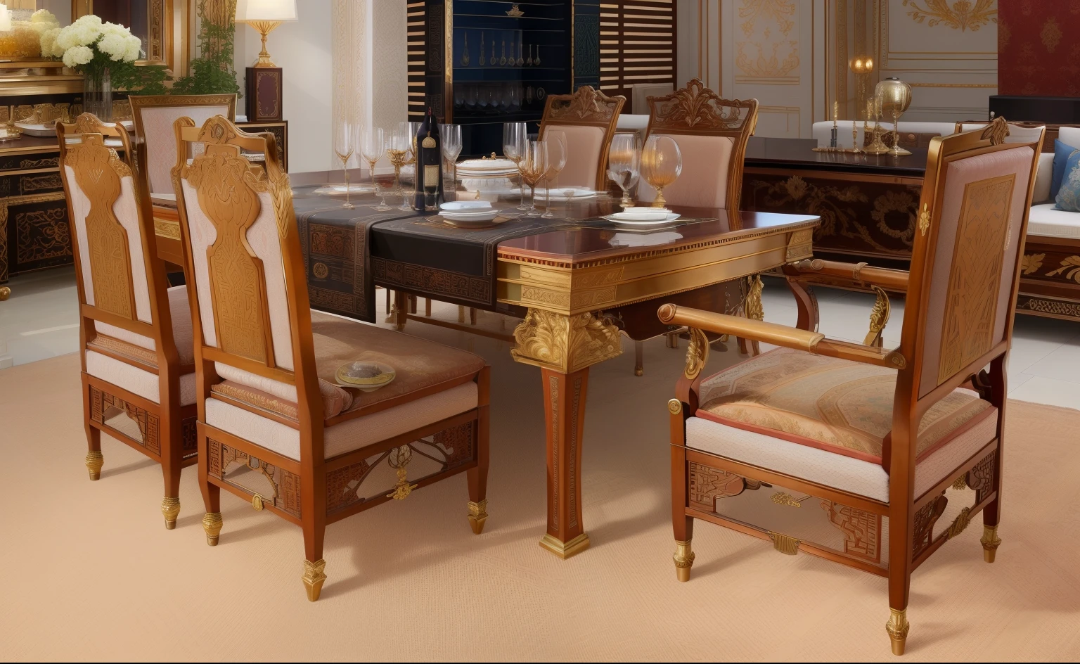 there is a table with chairs and a vase on it, wooden furtniture, wooden furniture, ornate furniture, elegant furniture, finely detailed furniture, luxury furniture, wood furnishings, extremely detailed furnitures, furniture and decor, stylistic furniture, dining table, furniture design art deco, king, egyptian setting, 1 9 2 0 s furniture, detailed wooden table