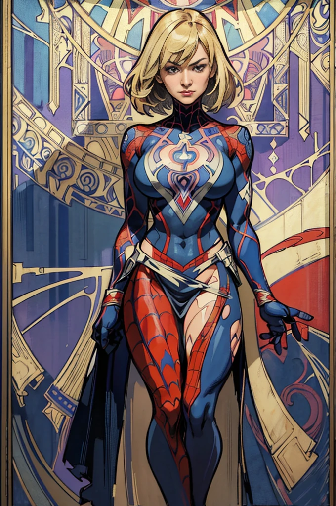 Yvonne Strahovski、Sticking out the navel、newyork、She wears a torn Spider-Man suit,wearing skirt、abstract photorealistic、artistic、Alphonse Mucha's painting(masterpiece、top-quality、hight resolution:1.4)、detaileds、intricate-detail、4K、color splashes、line-drawing、Fibonacci、