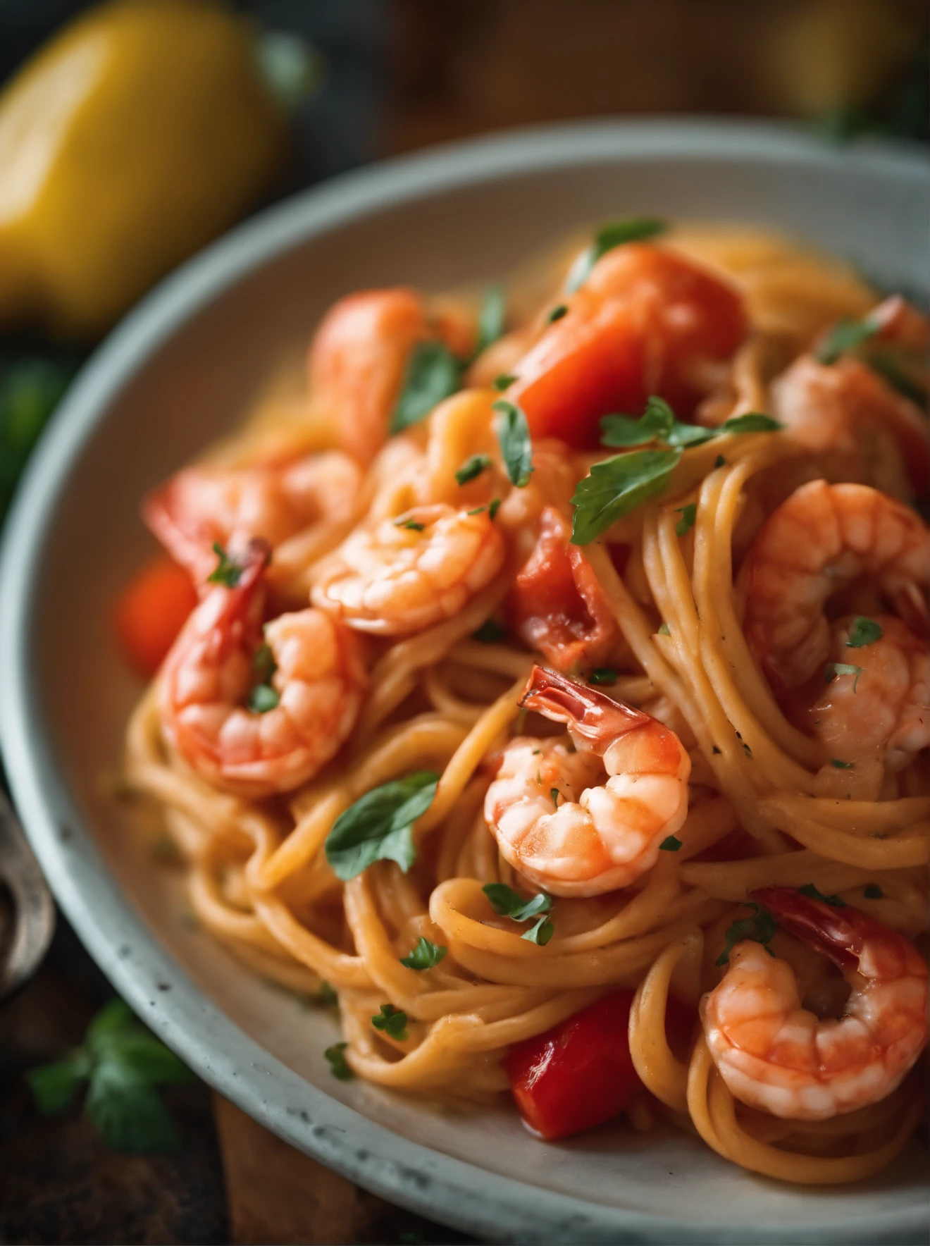 A plate of delicious tomato shrimp pasta, leica noctulux 50mm, ultra detailed photography, commercial photos, lens bokeh