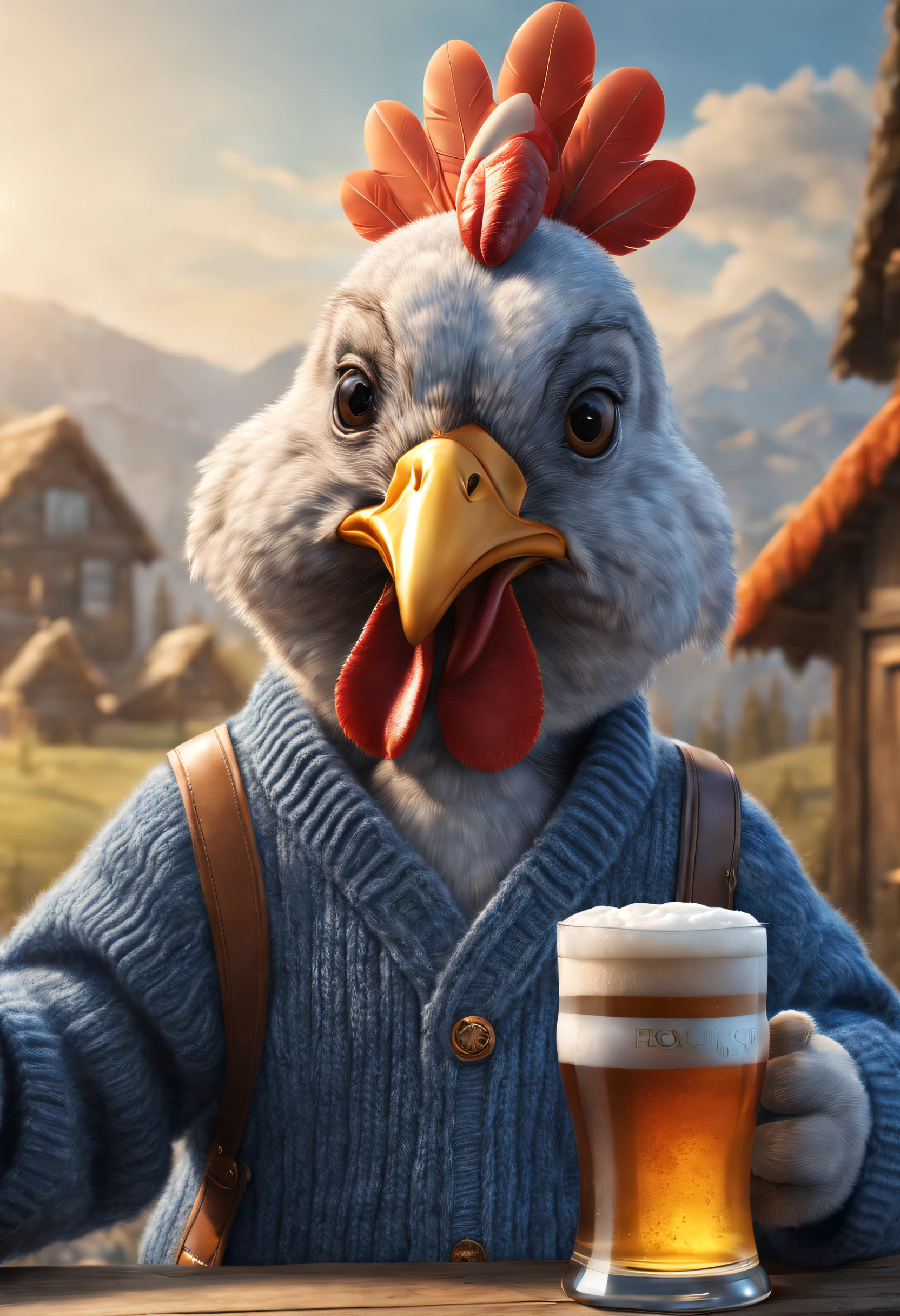 Brand advertising, Creative poster, Cute turkey wearing blue sweater ，drinking beer， 3 Rendering, Focus sharp, ultra-realistic realism, Fluffy, fantasy engine, 5 quality rendering, 3 Rendering, furry art,