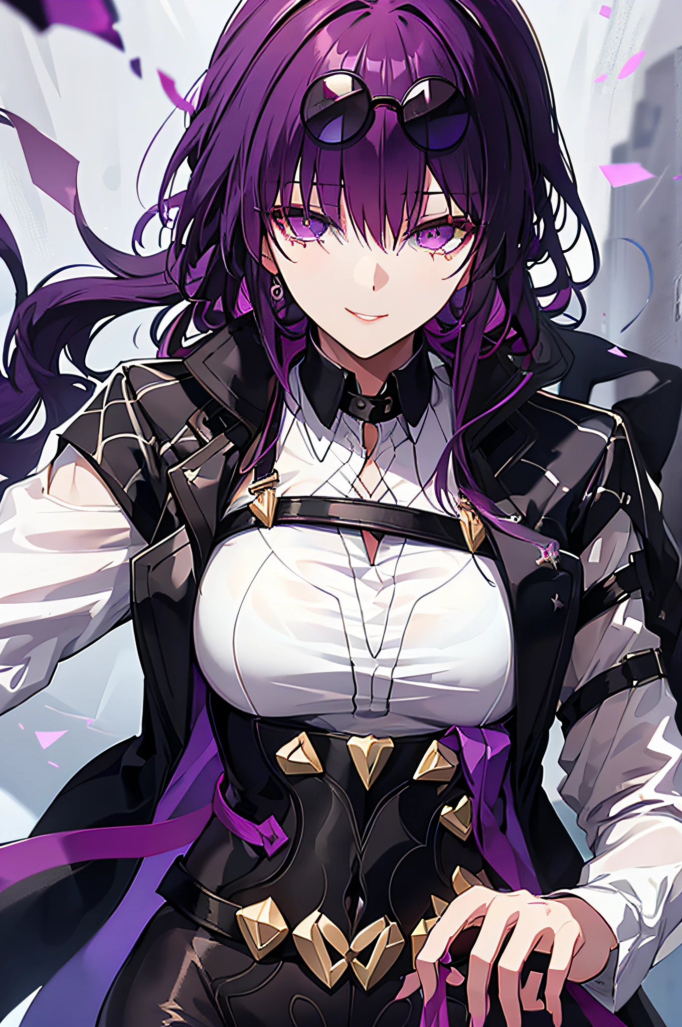 purple color  hair，Purple Eye，Black Shawl，white straitjacket，ssmile、独奏、Eyes glow purple、top-quality、Focus、Sunglasses on the head