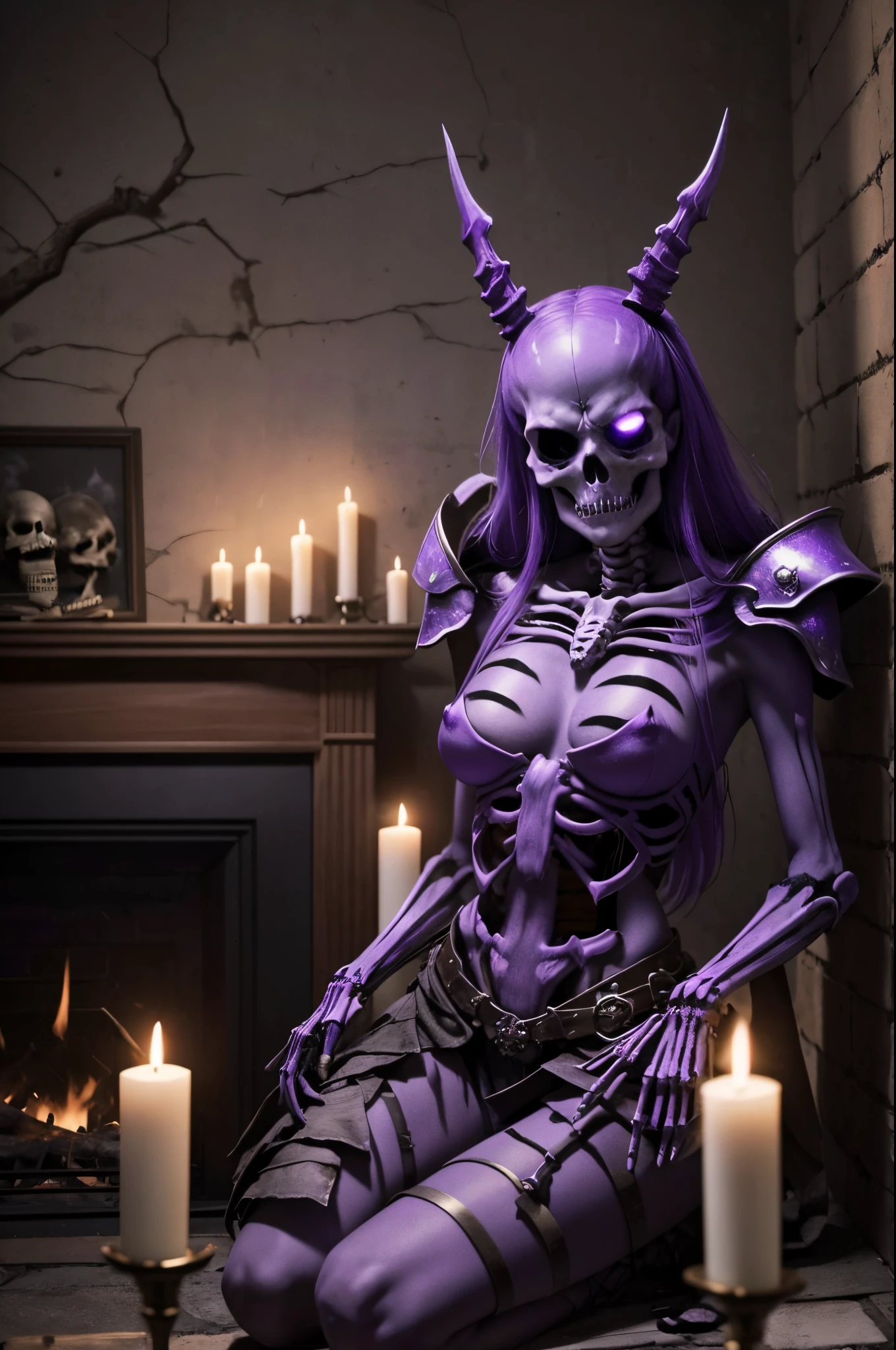 8K、There's a female skeleton wearing tattered armor in a dimly lit room.。(masterpiece)Carry a sword and a shield、emits purple smoke from its body(purple glowing effects)make a scary face、devil's skeleton(exact details of the skeleton)A space full of madness,Many candles are lit on the wall(Fire effect)There is a broken fireplace in a dimly lit room.,超A high resolution、super precision、A hyper-realistic、very large breast,