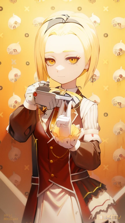 Yellow haired anime girl with a gun in front of the wall, twintails white_gloves, with index finger, Annie Leonhart, inspired by Li Chevalier, kagamine rin, looking like annie leonhart, [ Digital Art ]!!, ( ( misa amane # ) ), Lori, Anime Character, with a pistol, holding a pudica pose