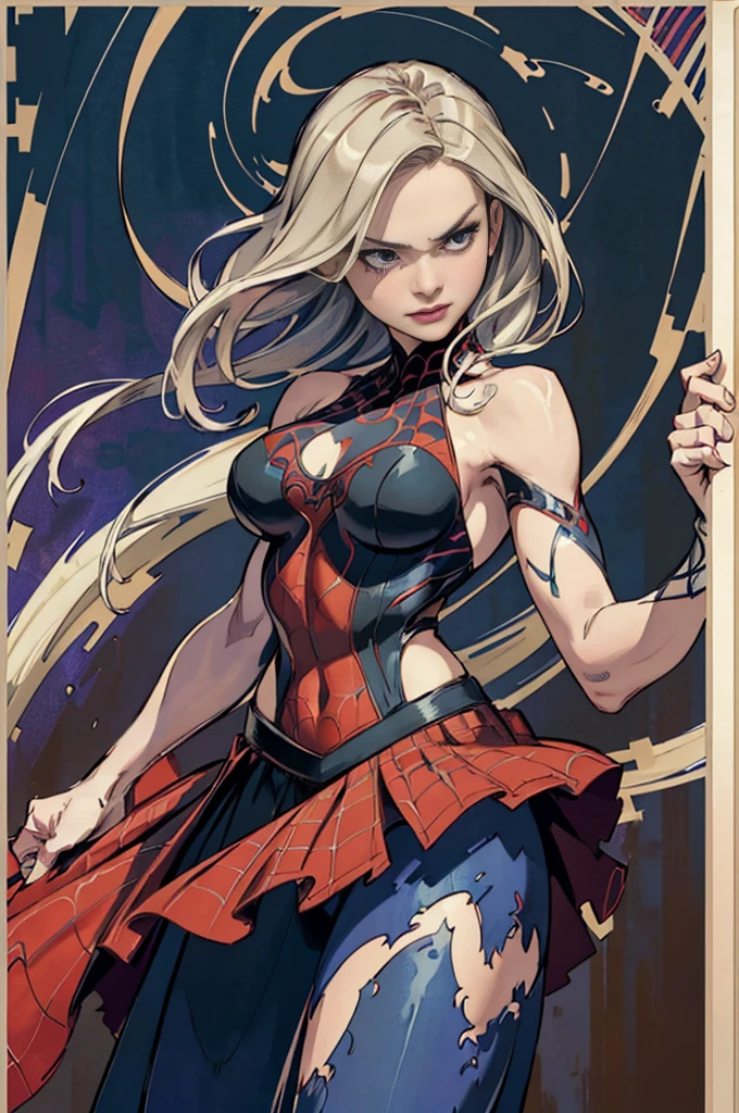 Jennifer Morrison、Sticking out the navel、newyork、She wears a torn Spider-Man suit,wearing skirt、abstract photorealistic、artistic、Alphonse Mucha's painting(​masterpiece、top-quality、hight resolution:1.4)、detaileds、intricate-detail、4K、color splashes、line-drawing、Fibonacci、