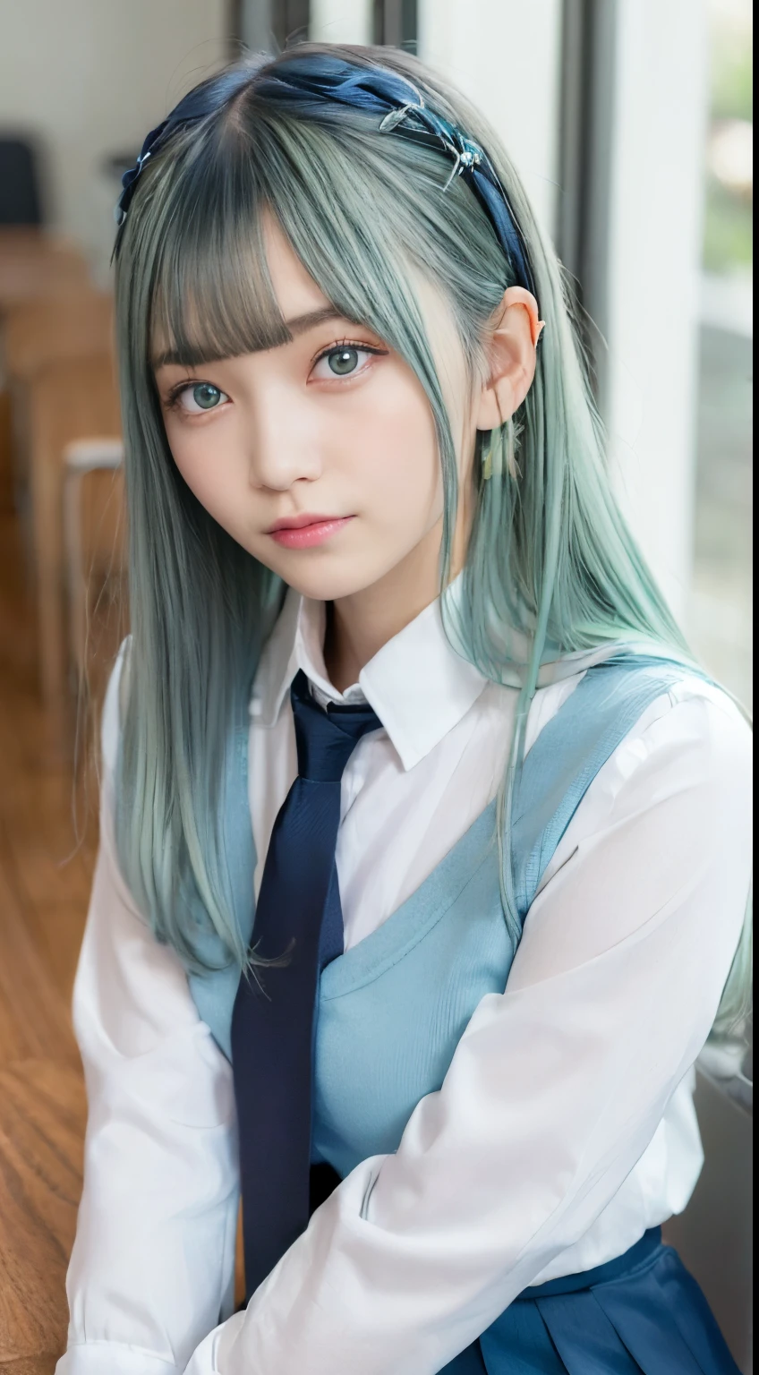 (1girl:1.4), (solo:1.4), 18-year-old,
BREAK
(blunt bangs:1.7), (long hair, pastel green hair, dark-blue eyes, symmetric light-blue hairpins:1.5), (smile:1.2), sitting,
BREAK
sitting on desk, (school uniform), (white-shirt, dark-blue skirt, blue necktie:1.3), white socks,
BREAK
classroom, blackboard, sunset, desk,
BREAK
best quality, masterpiece, highly detailed CG unity 8k wallpaper,