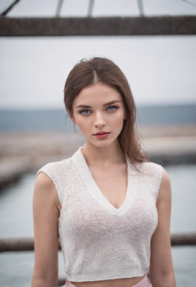 (masterpiece), (one girl 22 year old) Realistic Skin, (((Caucasian))) Intense blue eyes with catchlights. (heavy mascara:1.2), Direct gaze. Backlit eyes. ((Digital photography)). Plump soft pink lips,French girl with shoulder-length messy hair, she is petite, standing on a pier by the sea, in a ((white bobblehat)) and red palid skirt posing for a picture, woollen mini-skirt,tight woollen polo neck, midriff showing and abs, she has the look of Nata Lee about here, thin and athletic, show some abs
