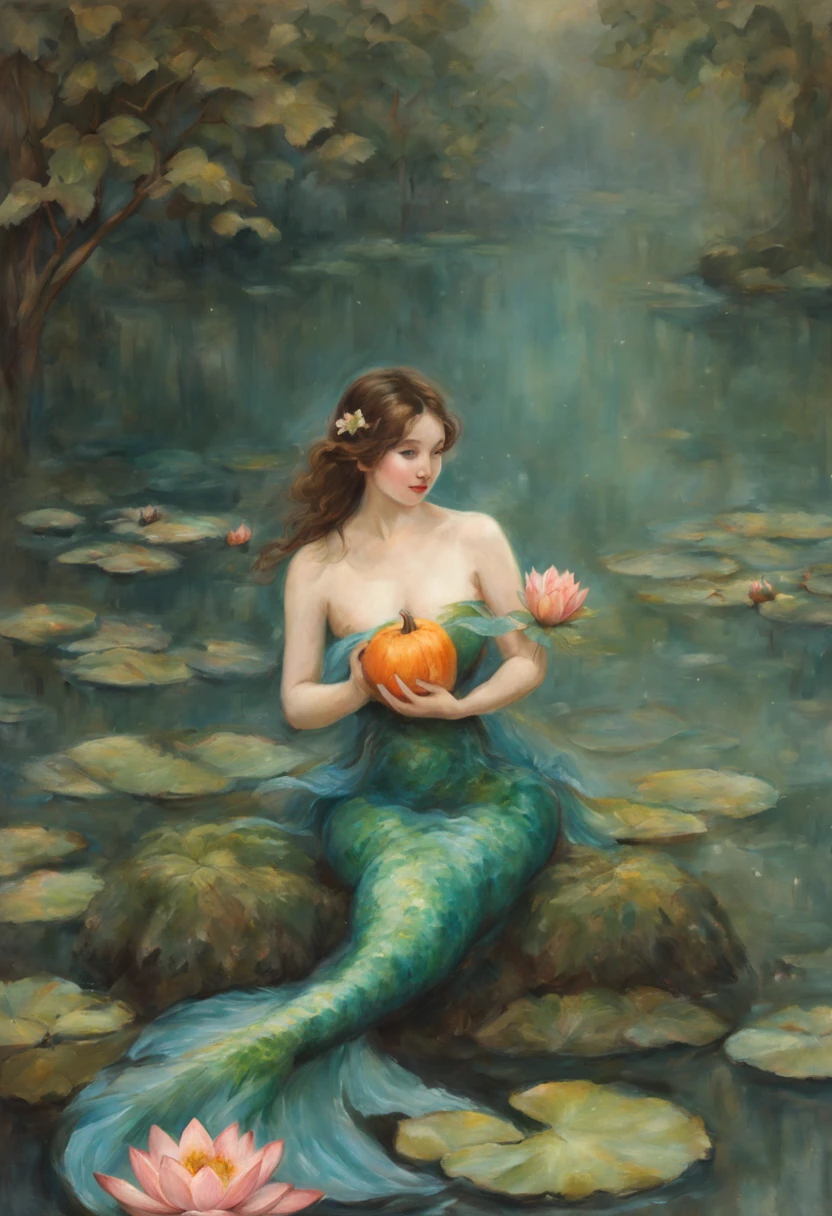 Mermaid lies on the river bank, her tail is in the water, her chest is covered with leaves, in her hands she holds one large pumpkin, (((가슴, covered with water lily leaves))), Pastel painting, ((Beautiful hands)),