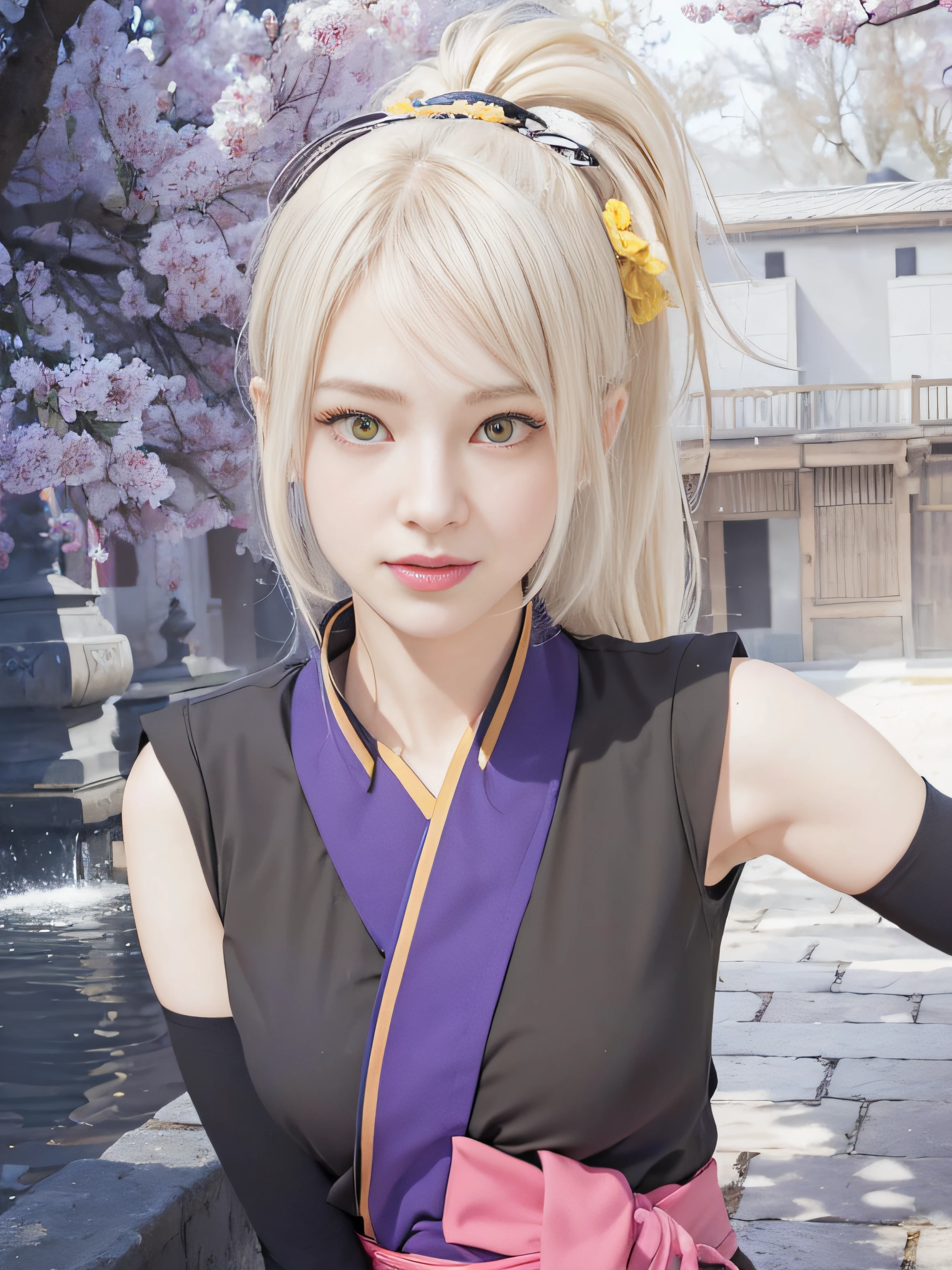 masterpiece, best quality, (realistic, photo-realistic:1.4), (RAW photo:1.2), extremely detailed CG unity 8k wallpaper, delicate and beautiful, amazing, finely detail, official art, absurdres, incredibly absurdres, huge filesize, ultra-detailed, extremely detailed, extremely detailed girl, extremely detailed eyes and face, light on face,little smile,long hair,(yellow eyes:1.5),kitchen,white hair,wearing kimono