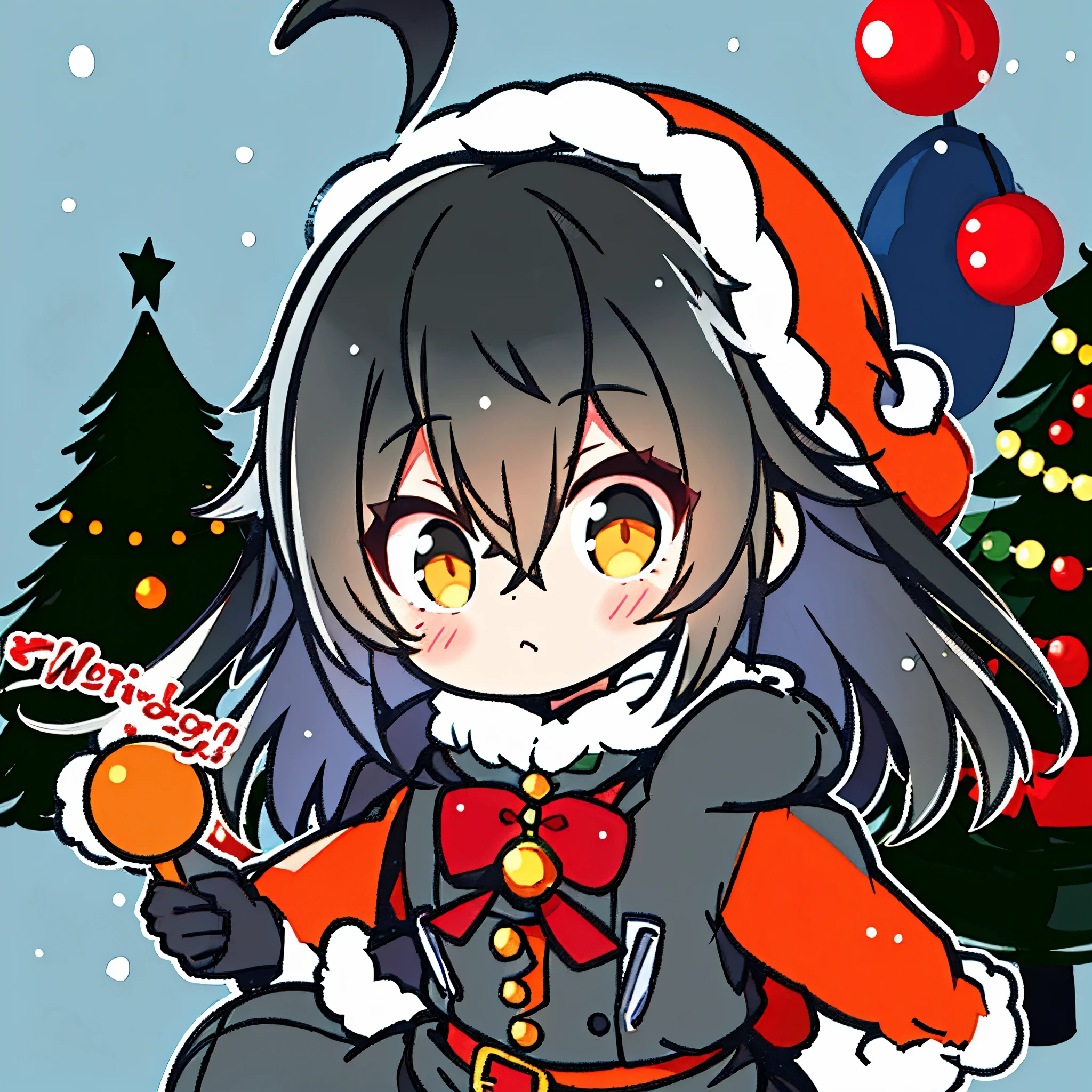 tanya, black hair with a Christmas hat, wearing a gray coat, with an orange hood, with a Christmas background, with snow and Christmas trees