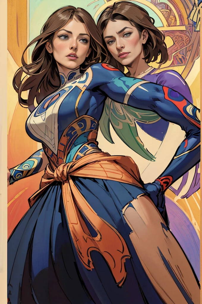 Olivia Wilde、Sticking out the navel、newyork、She wears a torn Spider-Man suit,wearing skirt、abstract photorealistic、artistic、Alphonse Mucha's painting(masterpiece、top-quality、hight resolution:1.4)、detaileds、intricate-detail、4K、color splashes、line-drawing、Fibonacci、