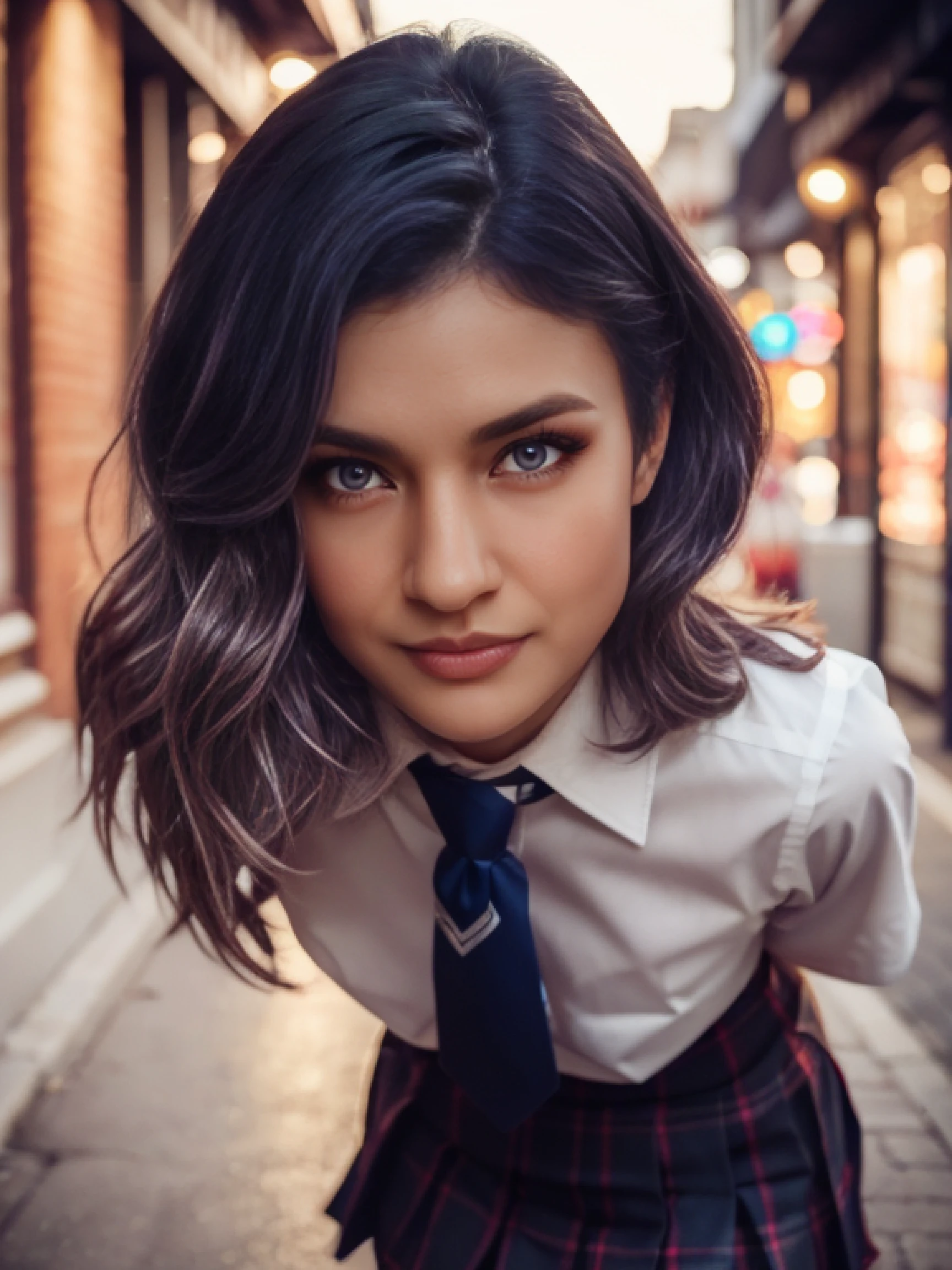 (8k, RAW photos, ultra high quality, ultra detailed CG Unity 8k wallpaper, masterpiece: 1.2), Sigma 50mm f1.4, one girl, 3D, looking viewer, super beautiful detailed eyes, accurate shiny iris depiction, pupil is black, water-based humor shine, ultra-detailed eyelashes, very slightly black rim iris, delicate and beautiful hair, ultra-detailed hair, precise shading of hair, delicate hair tips, no makeup, ultra-detailed lipsPrecisely drawn lip wrinkles, beautiful shiny lips, short hair (shiny skin due to sweat: 0.3), precise shading created on clothes, (school uniform, white shirt, short sleeves, dark gray pleated plaid skirt, dark gray tie: 1.2), walking through the neon streets in the middle of the night. Have a bag for students. 16 years old