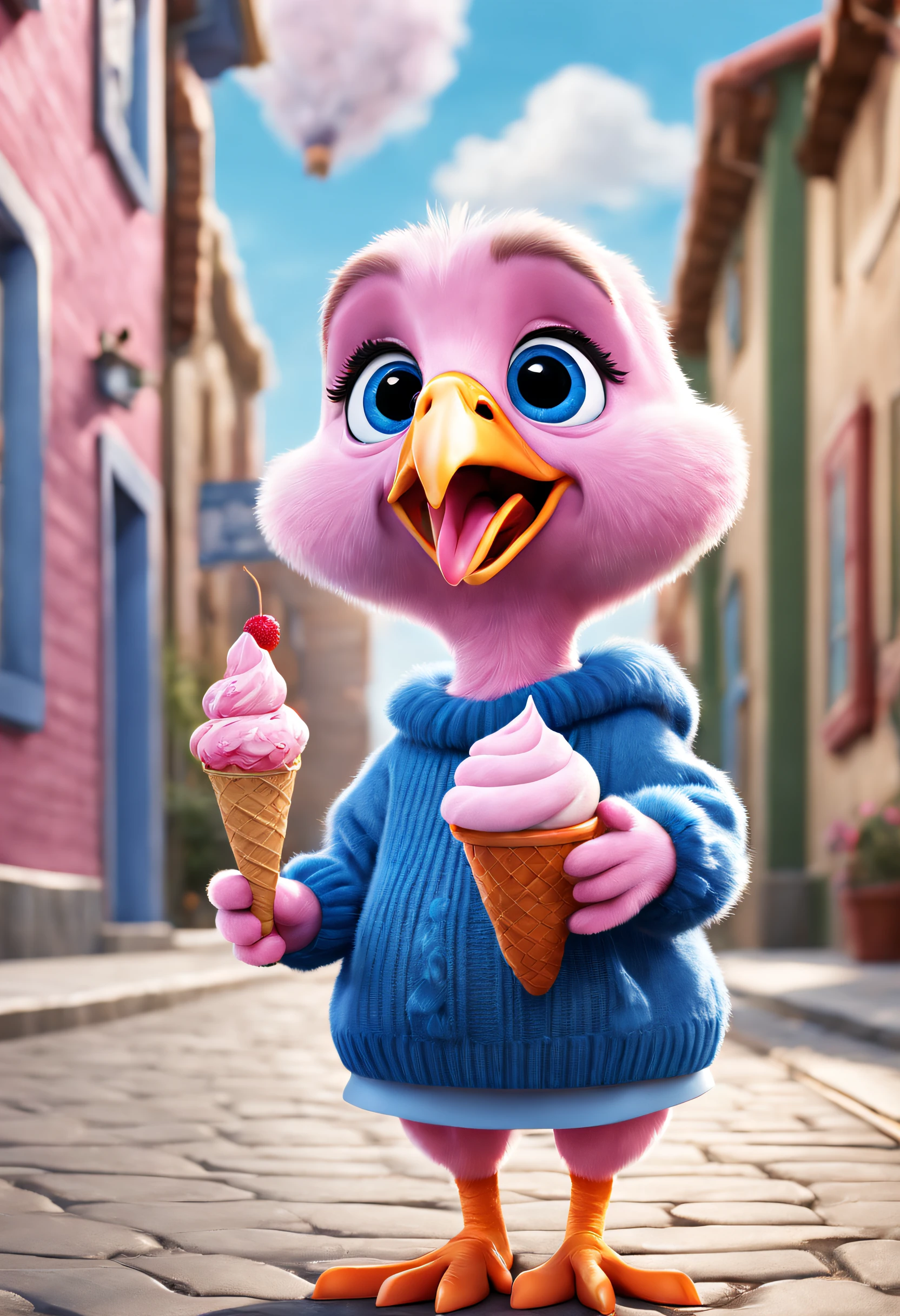 Brand advertising, Creative poster, Cute turkey wearing blue sweater and pink skirt,Eating ice cream, by Pixar,3Drenderingof, Focus sharp, ultra-realistic realism, Fluffy, fantasy engine, 5 quality rendering, 3 Rendering, furry art,
