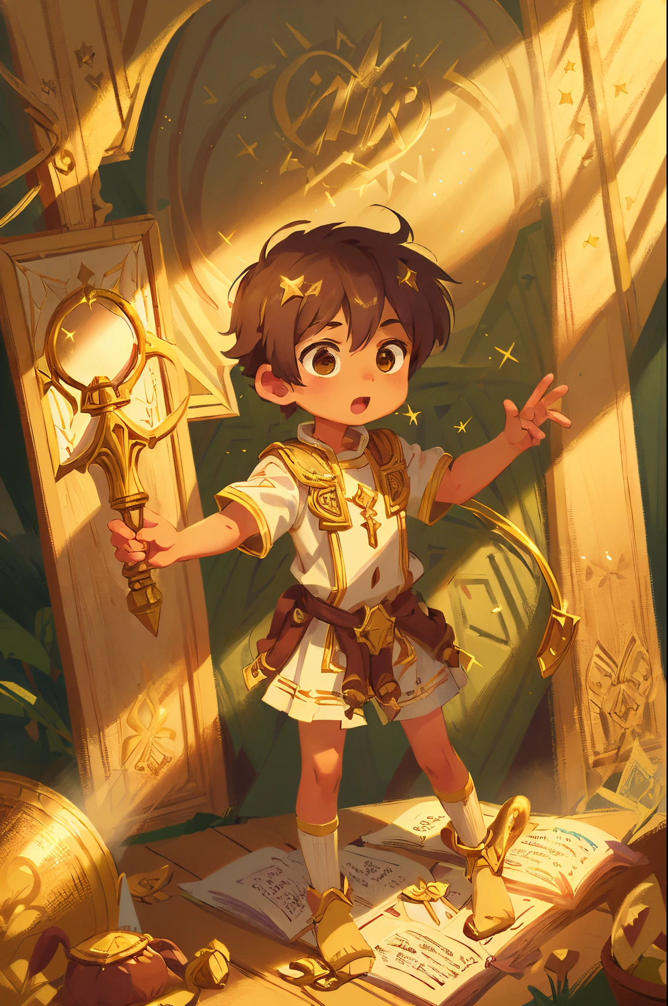 (best quality,4k,highres,masterpiece:1.2),a boy with a soul inside a beautiful and revealing dream,a boy with a radiant light,seeing a golden parchment in front of him,the boy is small,and there's a large hand holding a pure gold parchment. majestic celestial background