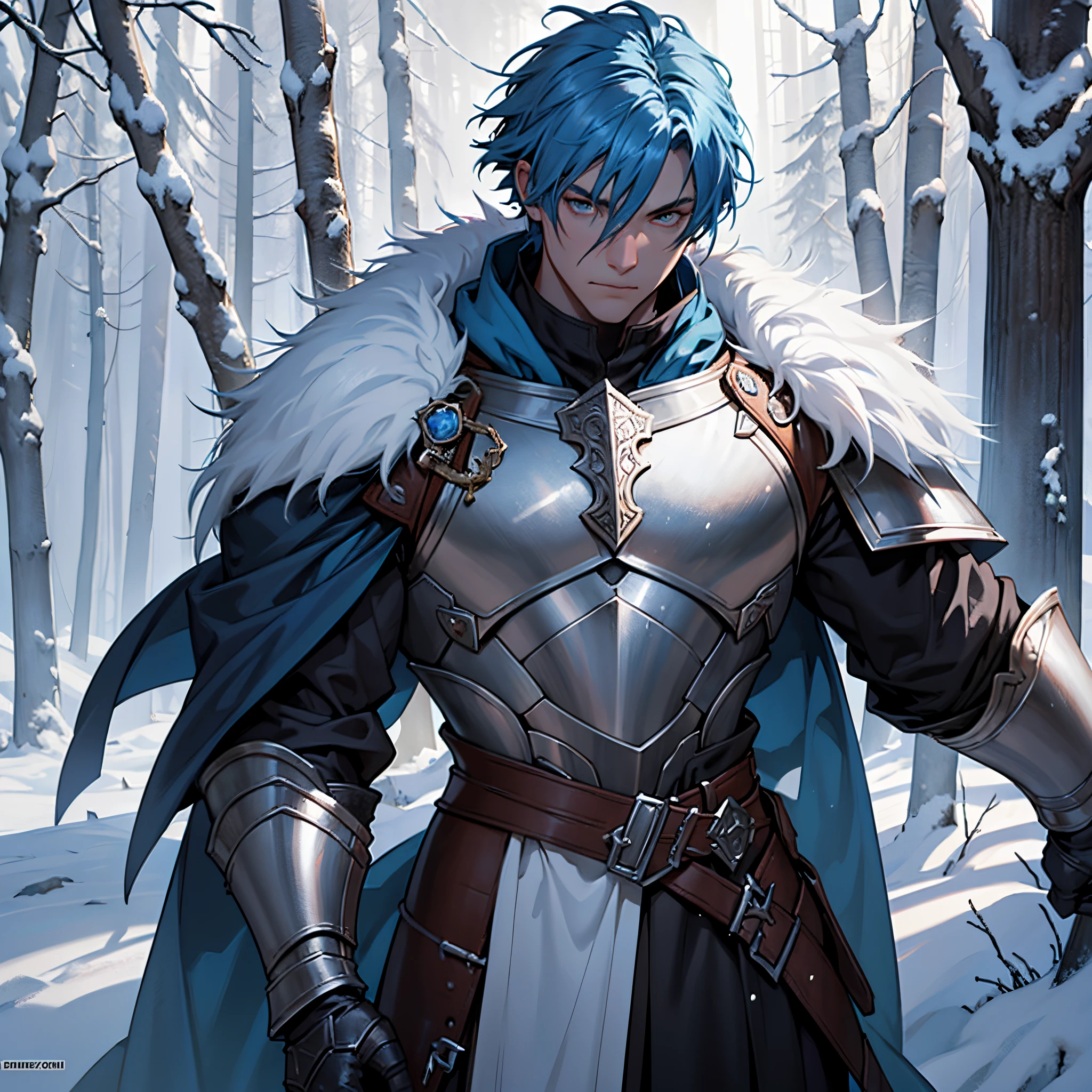 Fantasy, Middle Ages, mighty warrior with short blue hair, white steel armor, pale-skin, .The man is wearing steel armor and a fur cloak..  Mascara around the eyes, shadows under the eyes, Male in his 30s, It's very serious........., Background with: Ruins in the forest in front of the snow-covered castle