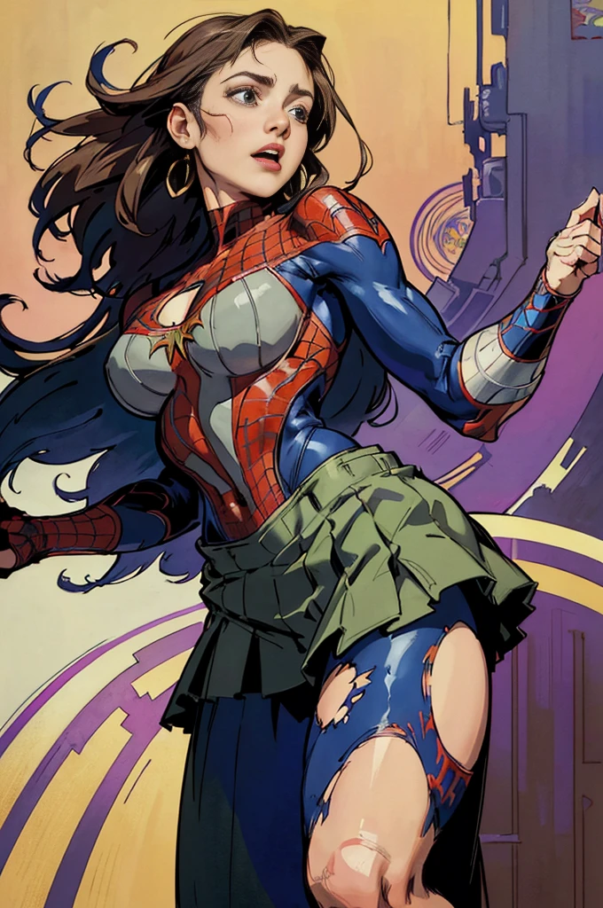 Emilia Clark、Sticking out the navel、newyork、She wears a torn Spider-Man suit,wearing skirt、abstract photorealistic、artistic、Alphonse Mucha's painting(​masterpiece、top-quality、hight resolution:1.4)、detaileds、intricate-detail、4K、color splashes、line-drawing、Fibonacci、