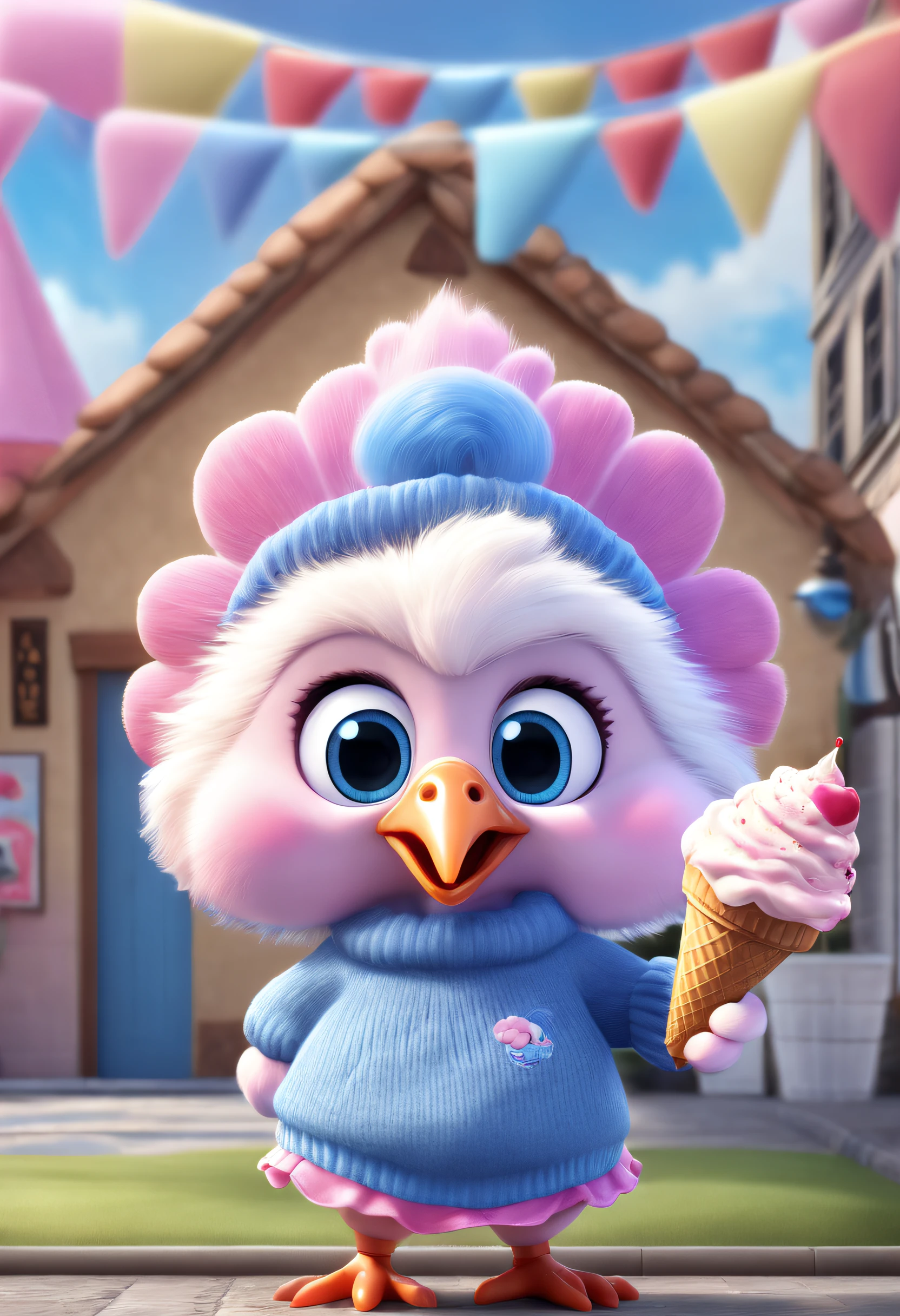 Brand advertising, Creative poster, Cute turkey wearing blue sweater and pink skirt, pixar ice cream, 3 Rendering, Focus sharp, ultra-realistic realism, Fluffy, fantasy engine, 5 quality rendering, 3 Rendering, furry art,Fluffy