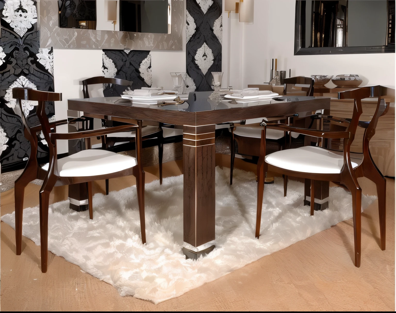 there is a table with a white chair and a mirror in the background, furniture design art deco, dining table, designer furniture, deco, giorgio, detailed wide shot, concept, inspired by Emilio Grau Sala, ebony art deco, intense detail, stylistic furniture, caesar, benoit b, dinner table, inspired by De Hirsh Margules, intense details
