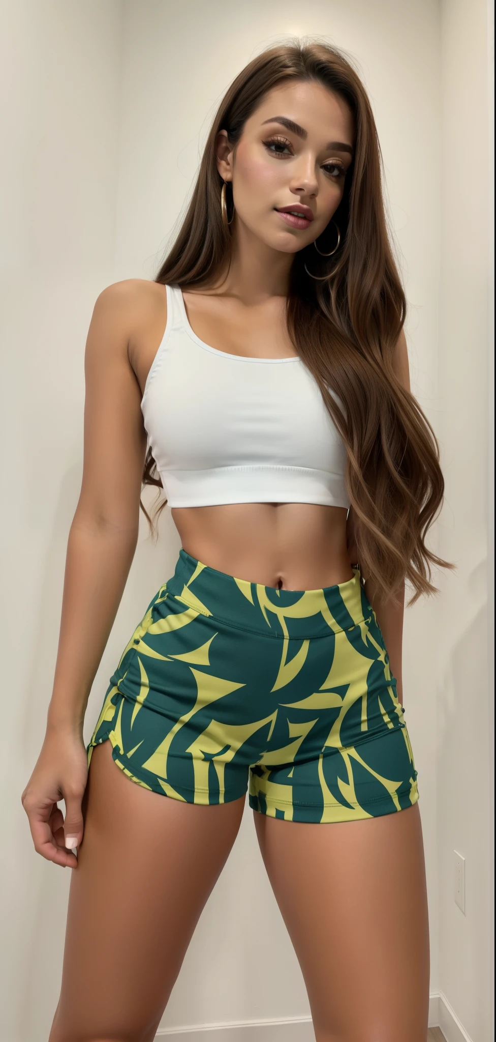 um close de uma mulher com shorts curtos e um top curto, croptop e shorts, roupa sexy, olhar sexy, tinyest midriff ever, roupa muito sexy, roupa rave bonito, .gif, roupa rave, de bermuda, estilo sexy, usando um top cropped sexy, vestido com um top e shorts, Bonito midriff